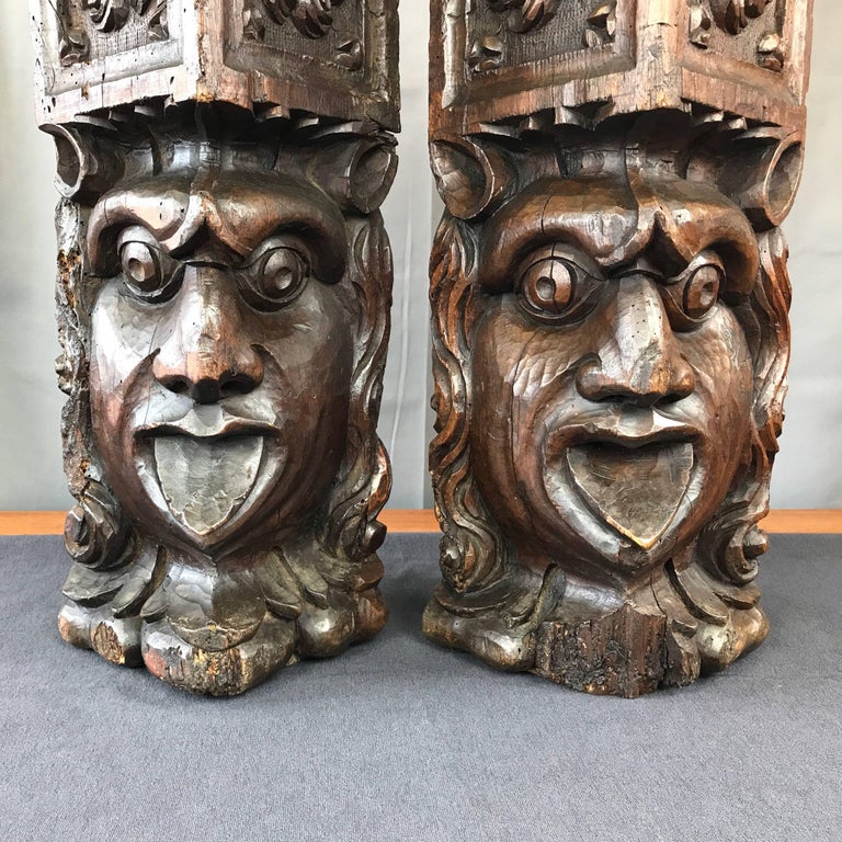 Pair of Impressively Sized and Expressive HandCarved Antique Newel