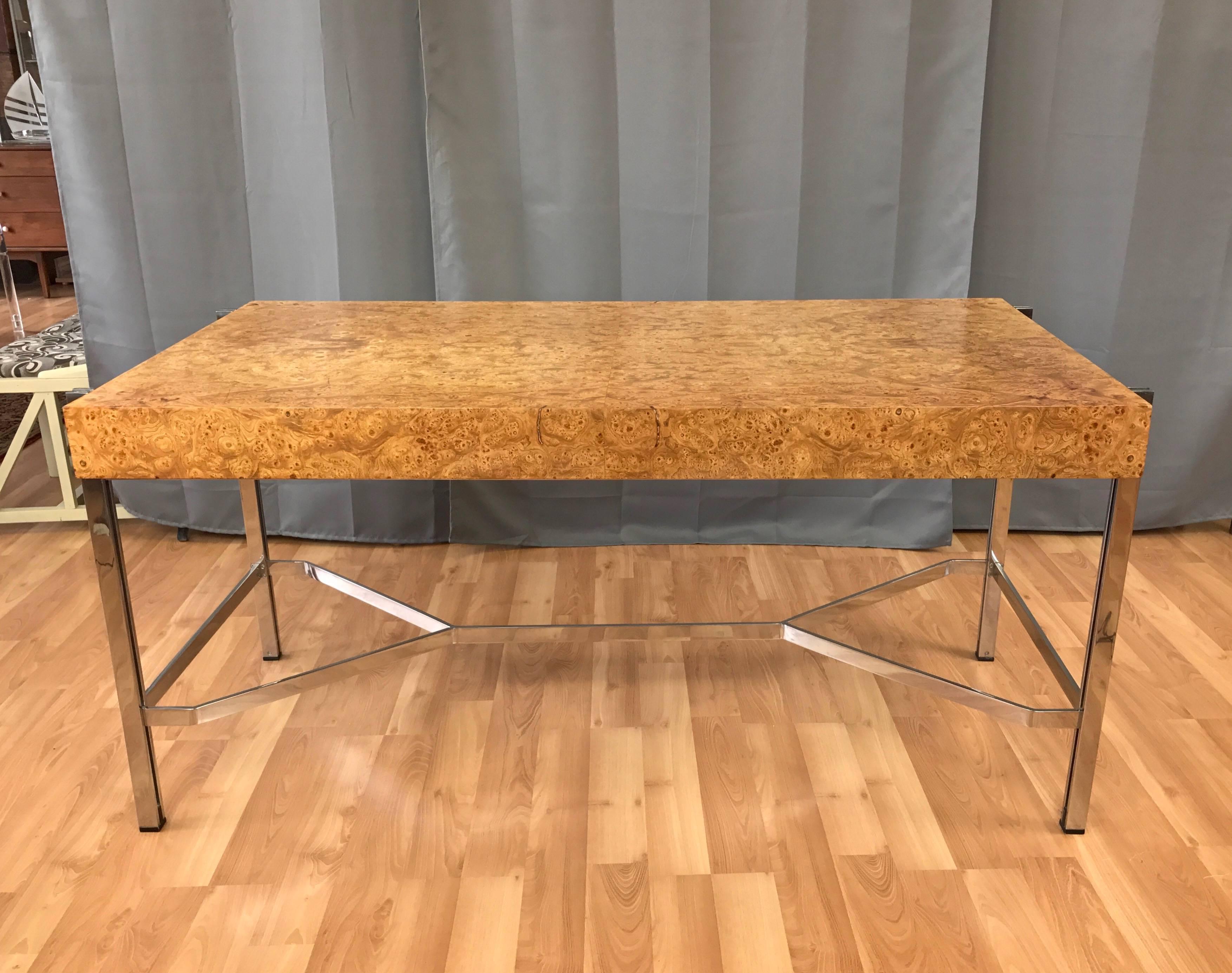 American Notable Jack Freidin for Pace Burl Wood and Chrome Desk 