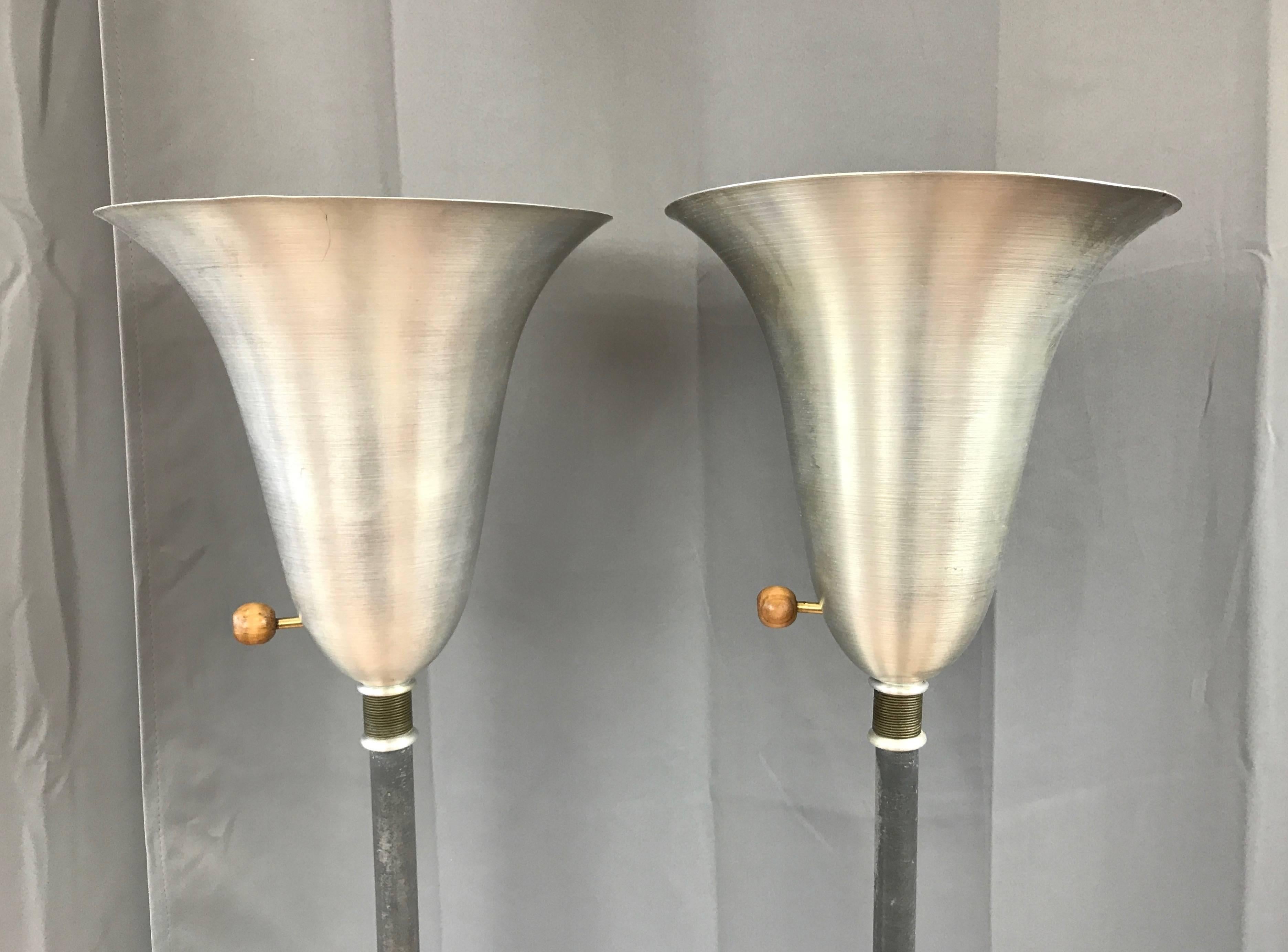 Mid-20th Century Pair of Russel Wright American Modern Aluminium and Brass Torchieres For Sale
