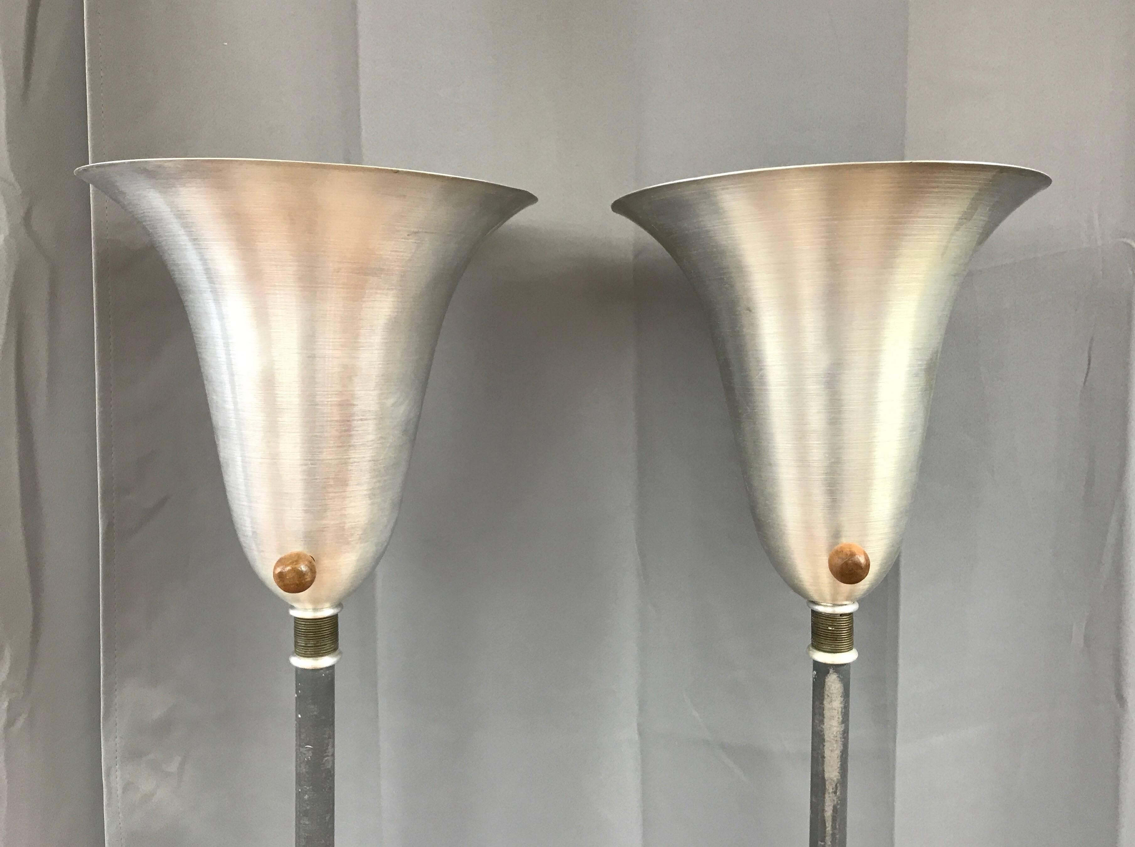 Pair of Russel Wright American Modern Aluminium and Brass Torchieres In Fair Condition For Sale In San Francisco, CA