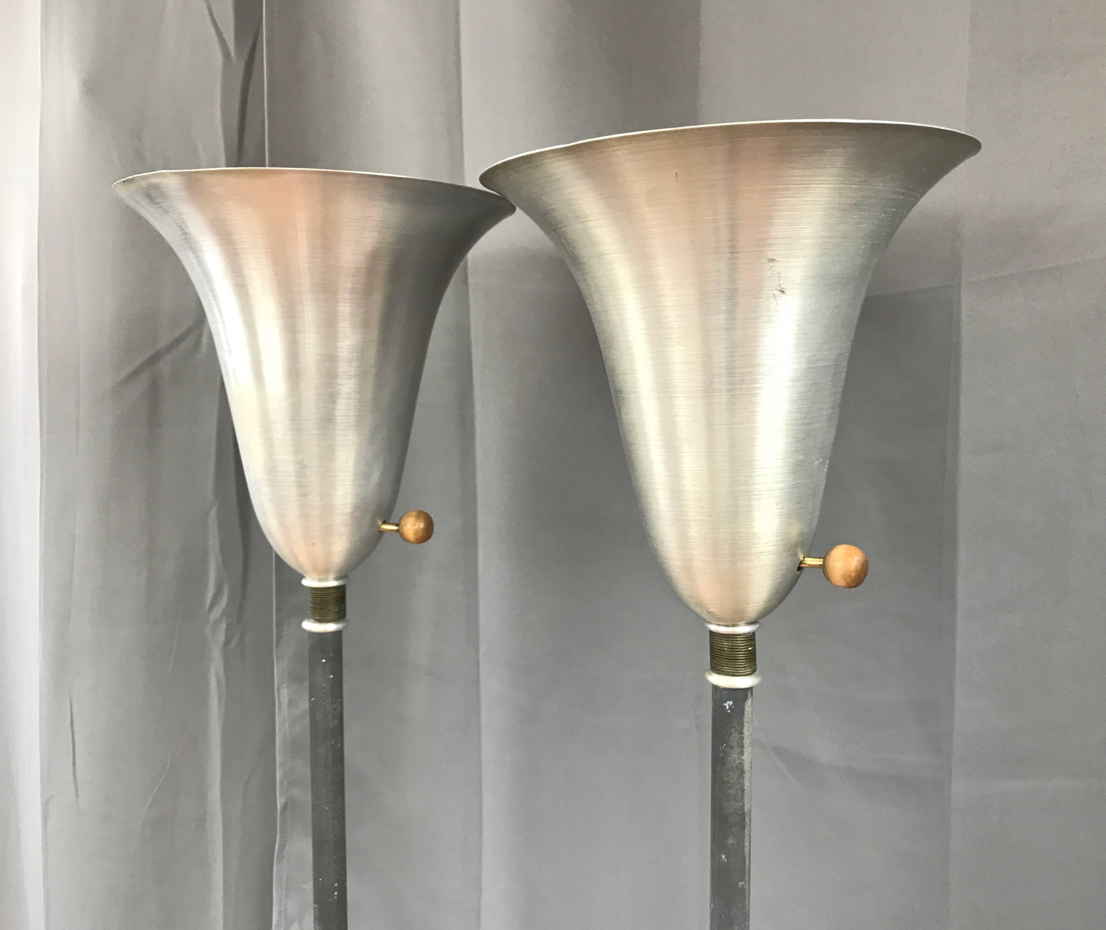 Mid-Century Modern Pair of Russel Wright American Modern Aluminium and Brass Torchieres For Sale