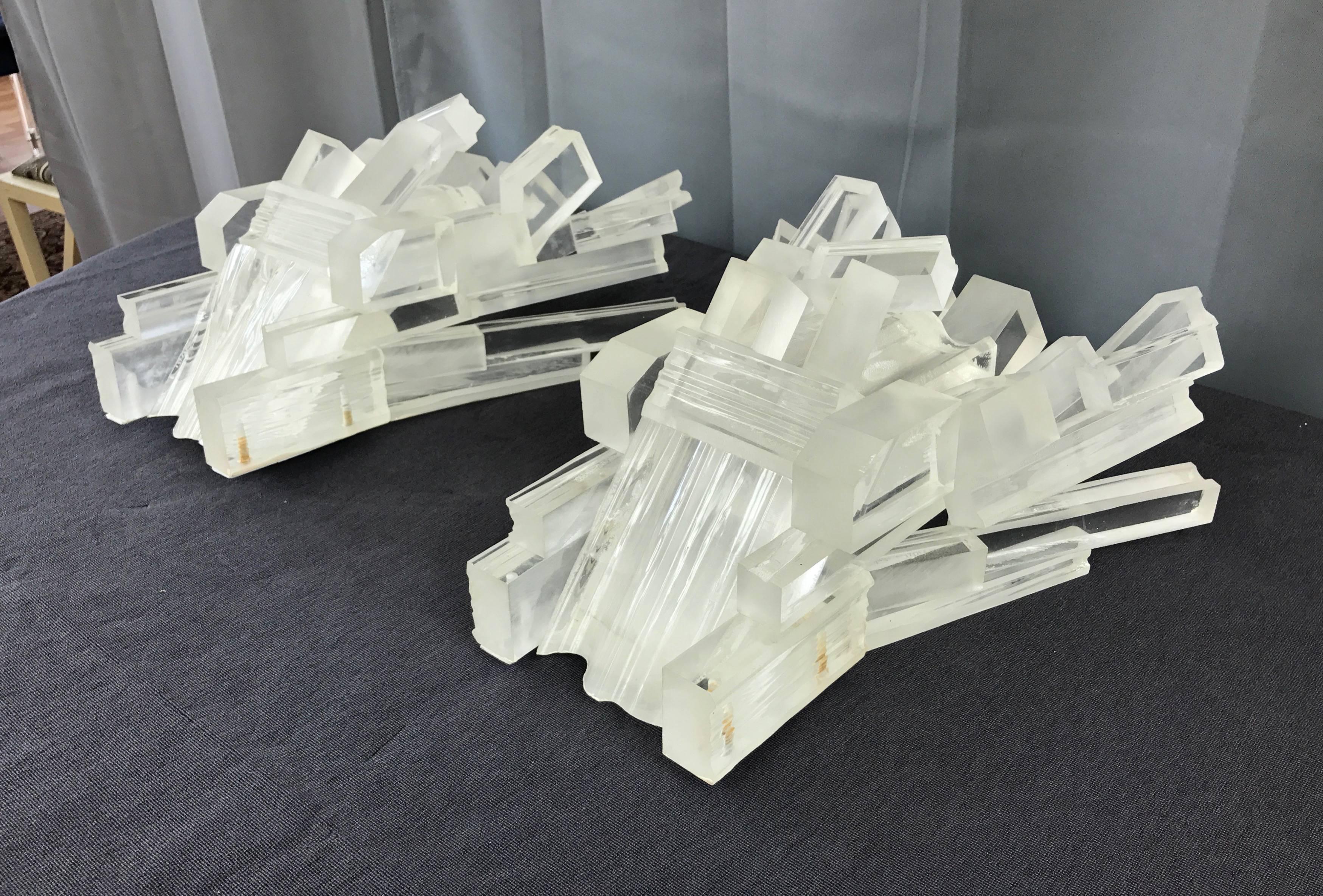 Mid-20th Century Pair of Billy Haines-Style Lucite Ice Crystal Sconces
