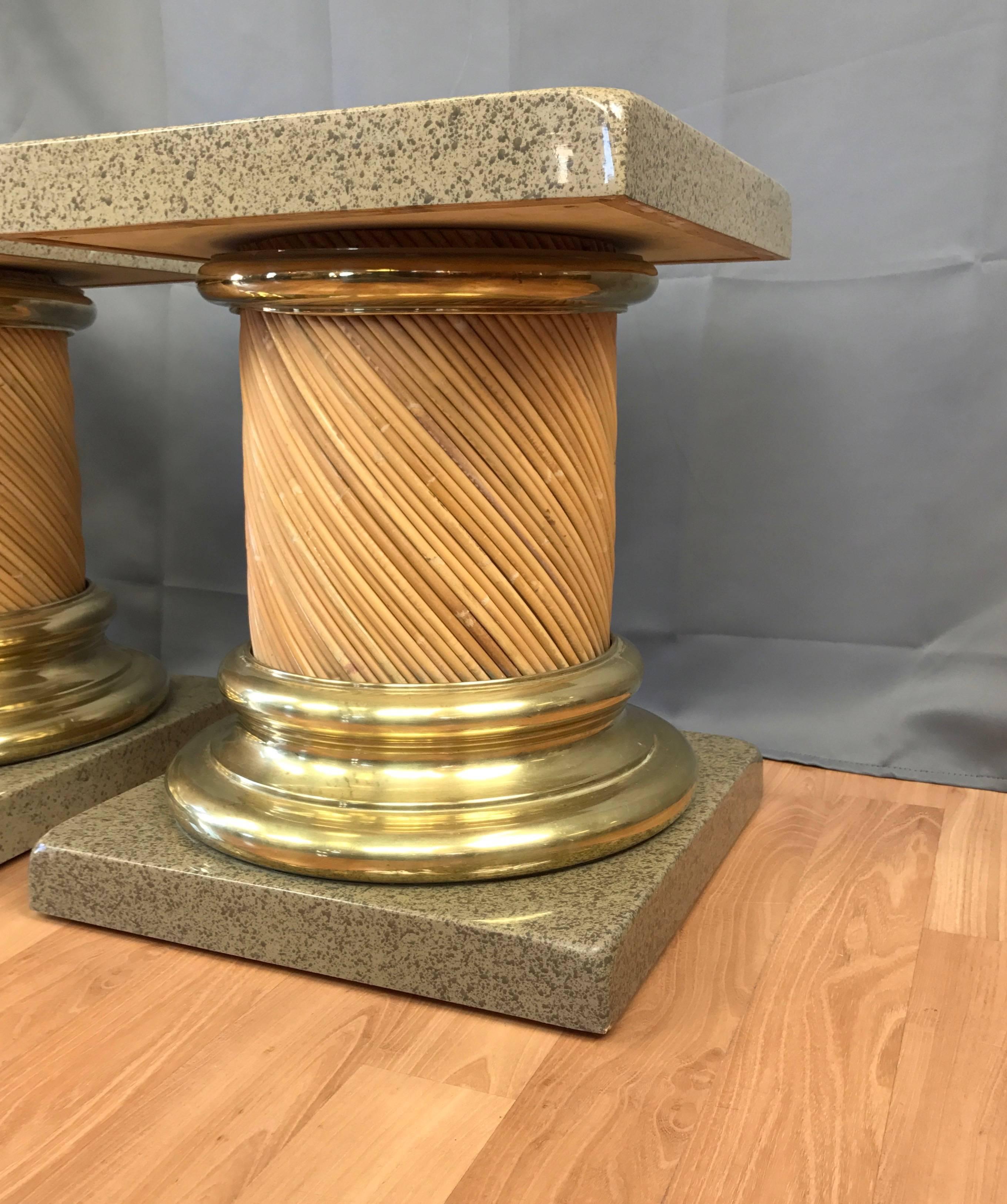 Late 20th Century Pair of Lacquered-Top Reed and Brass Columnar End Tables