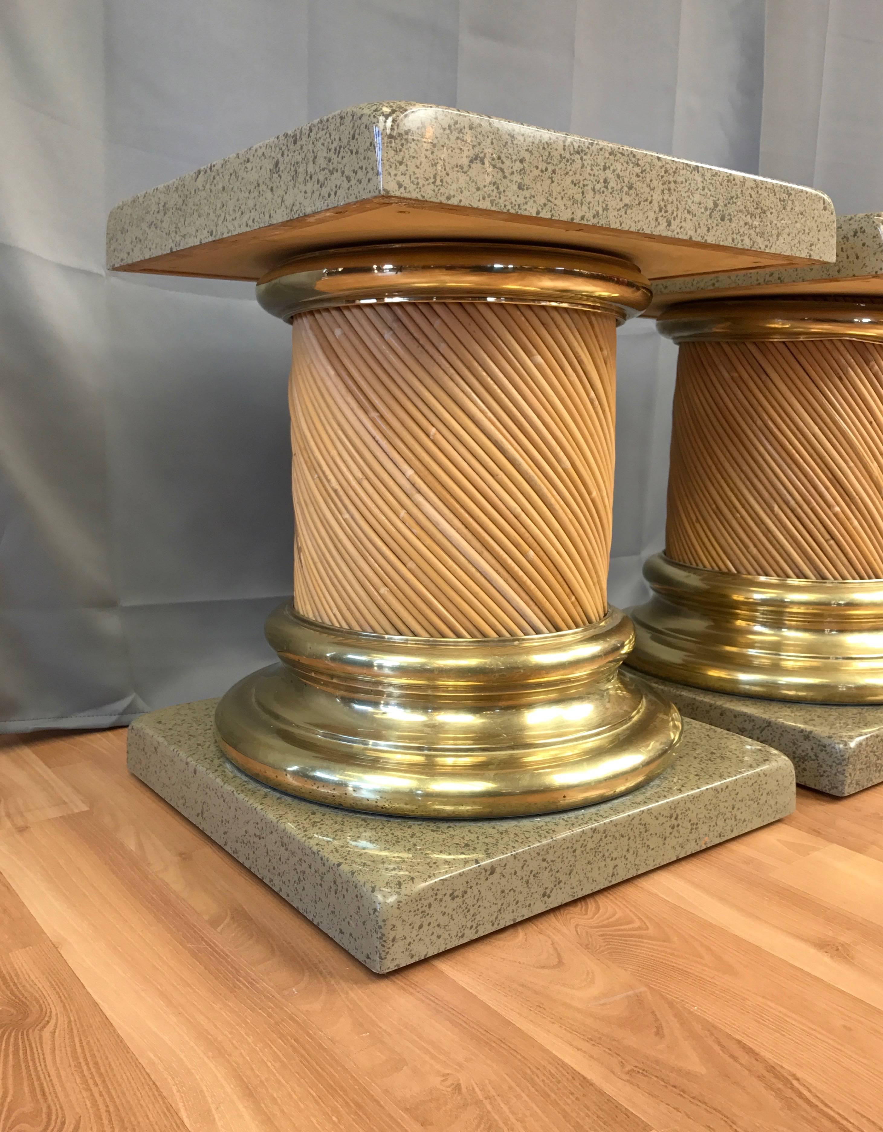 Pair of Lacquered-Top Reed and Brass Columnar End Tables In Good Condition In San Francisco, CA