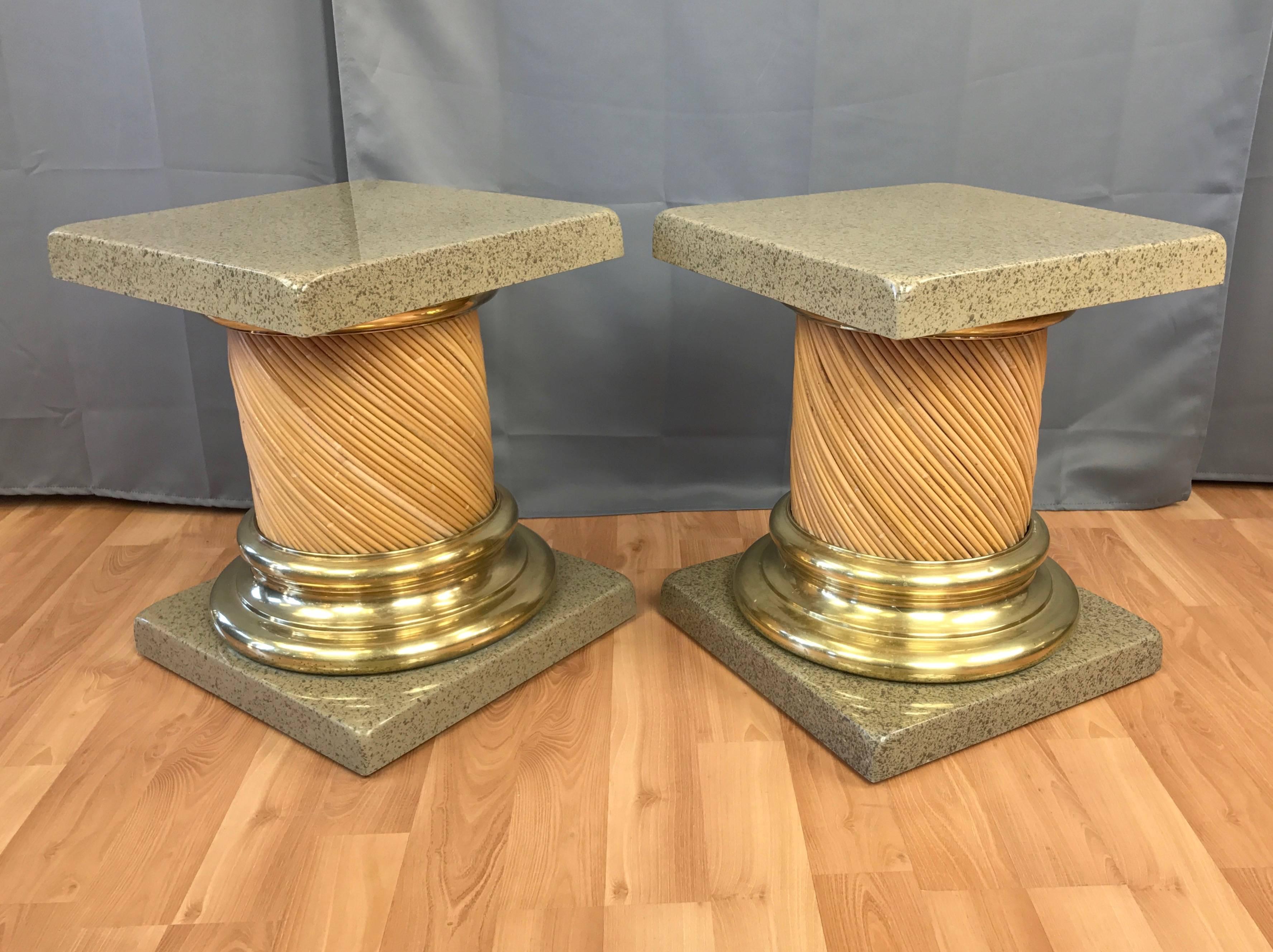 American Pair of Lacquered-Top Reed and Brass Columnar End Tables