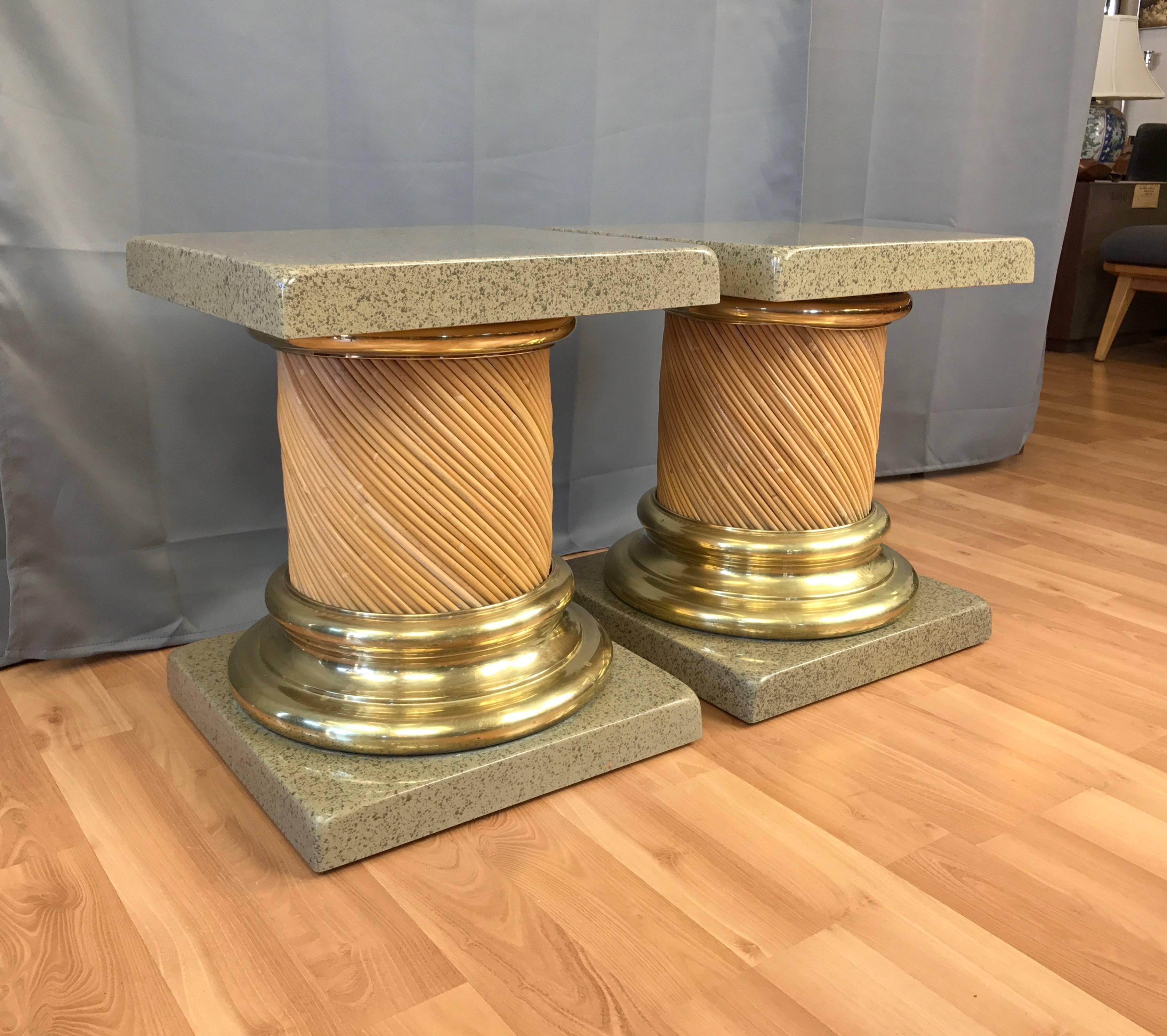 Modern Pair of Lacquered-Top Reed and Brass Columnar End Tables