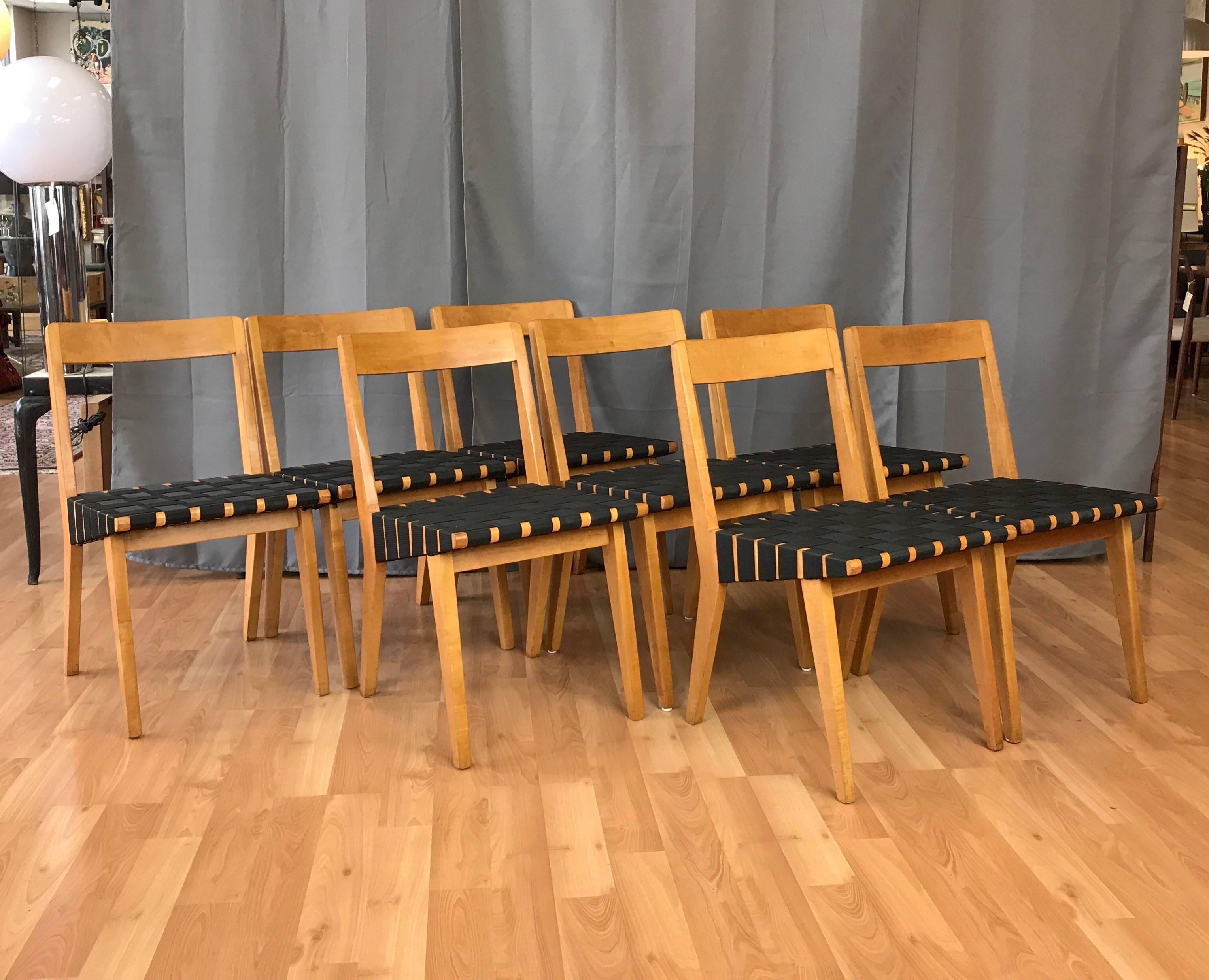 A rare earlier production eight-piece set of model 666 side chairs in maple by Jens Risom for Knoll Associates.

Introduced in 1943 as part of what was originally known as the 600 Series, Risom’s resourceful and transformative wartime-constrained