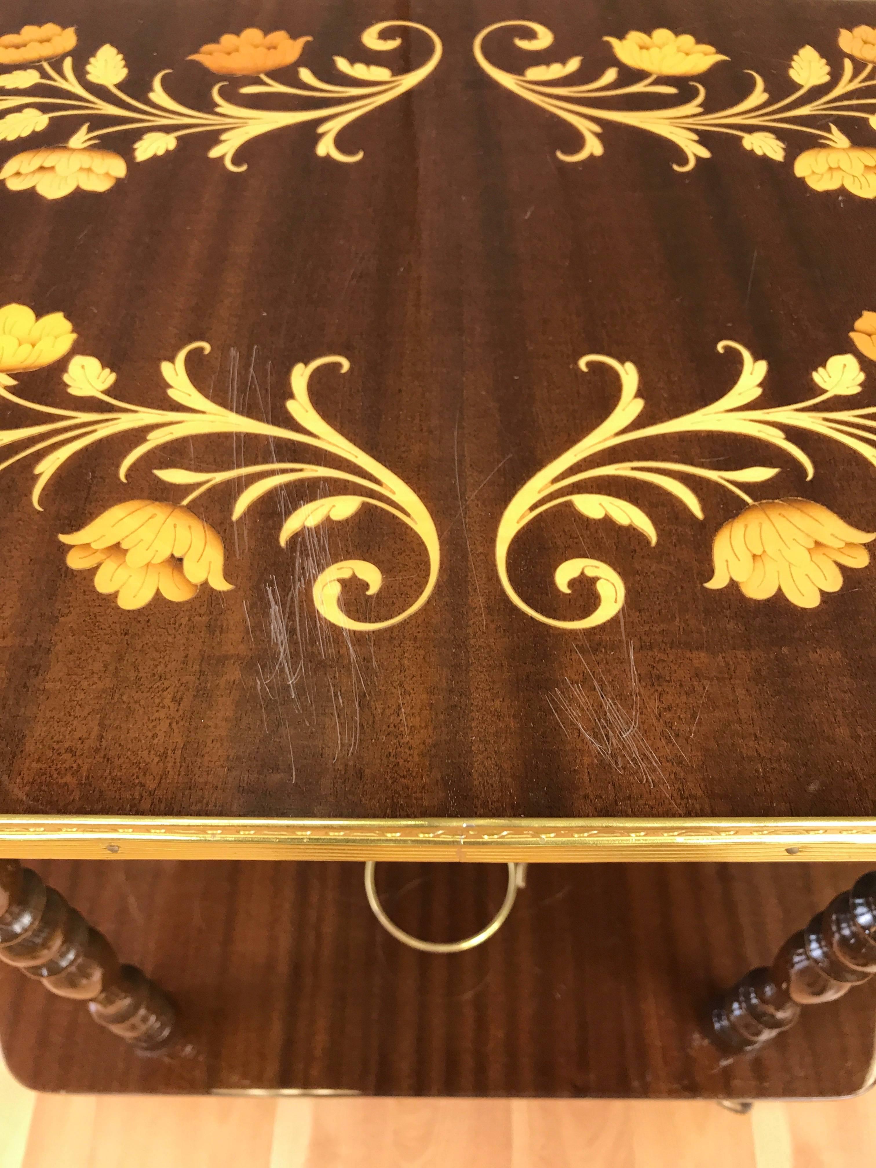 Vintage Italian Mahogany Marquetry Serving Cart 2