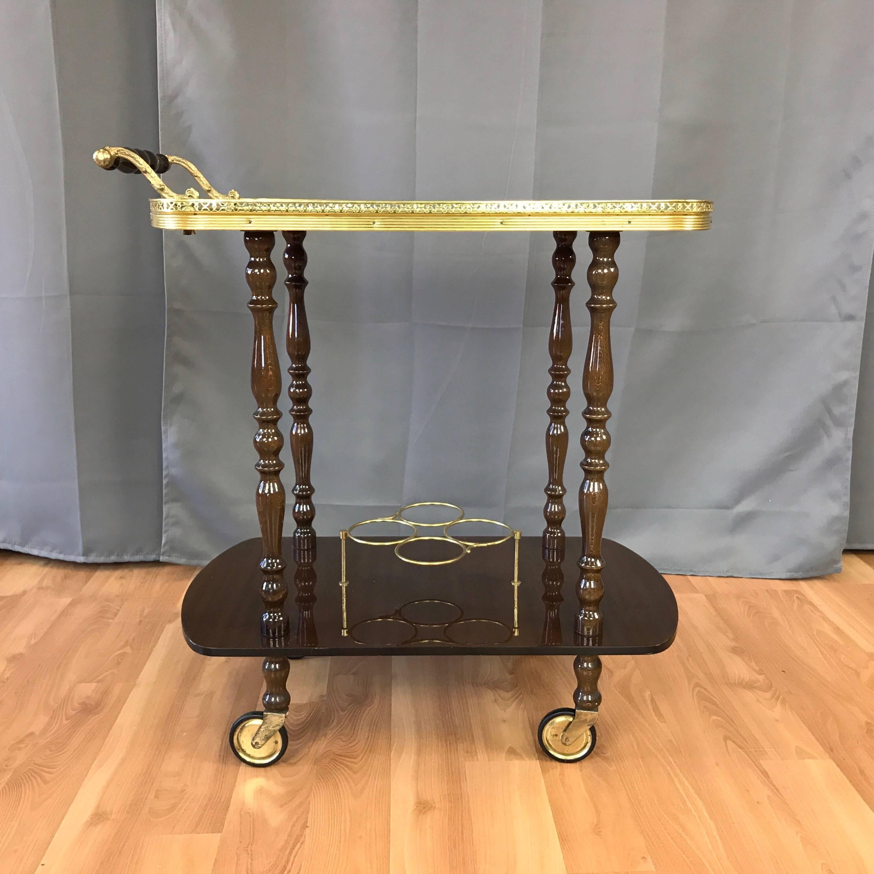 Metal Vintage Italian Mahogany Marquetry Serving Cart