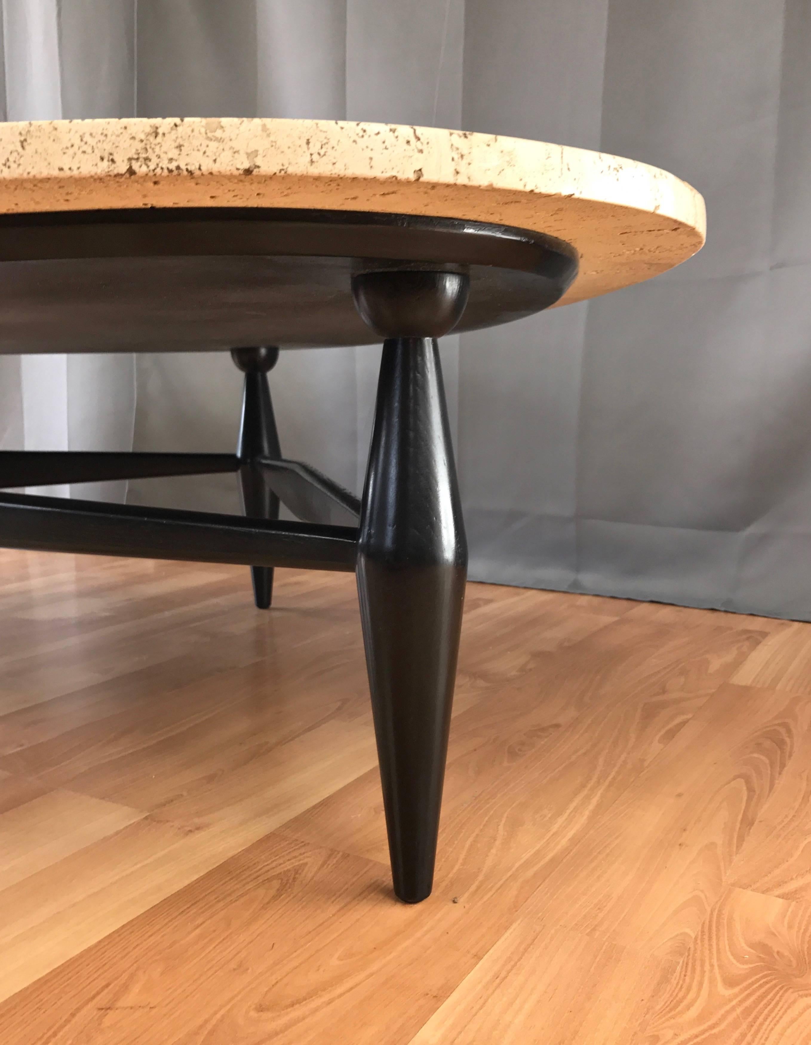Biomorphic Travertine Coffee Table with Black Lacquered Base 2