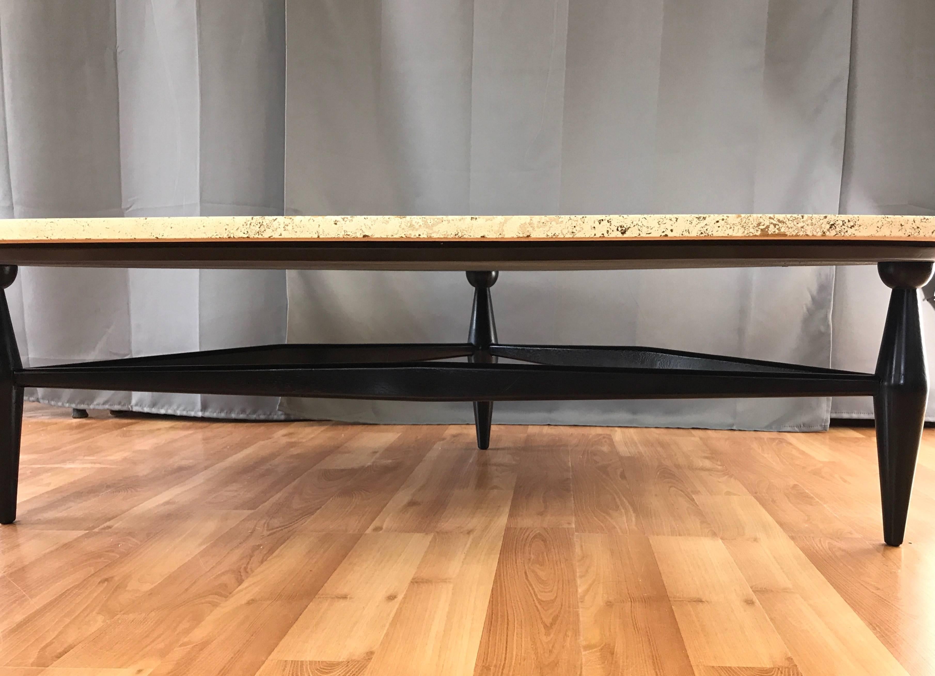 Mid-20th Century Biomorphic Travertine Coffee Table with Black Lacquered Base