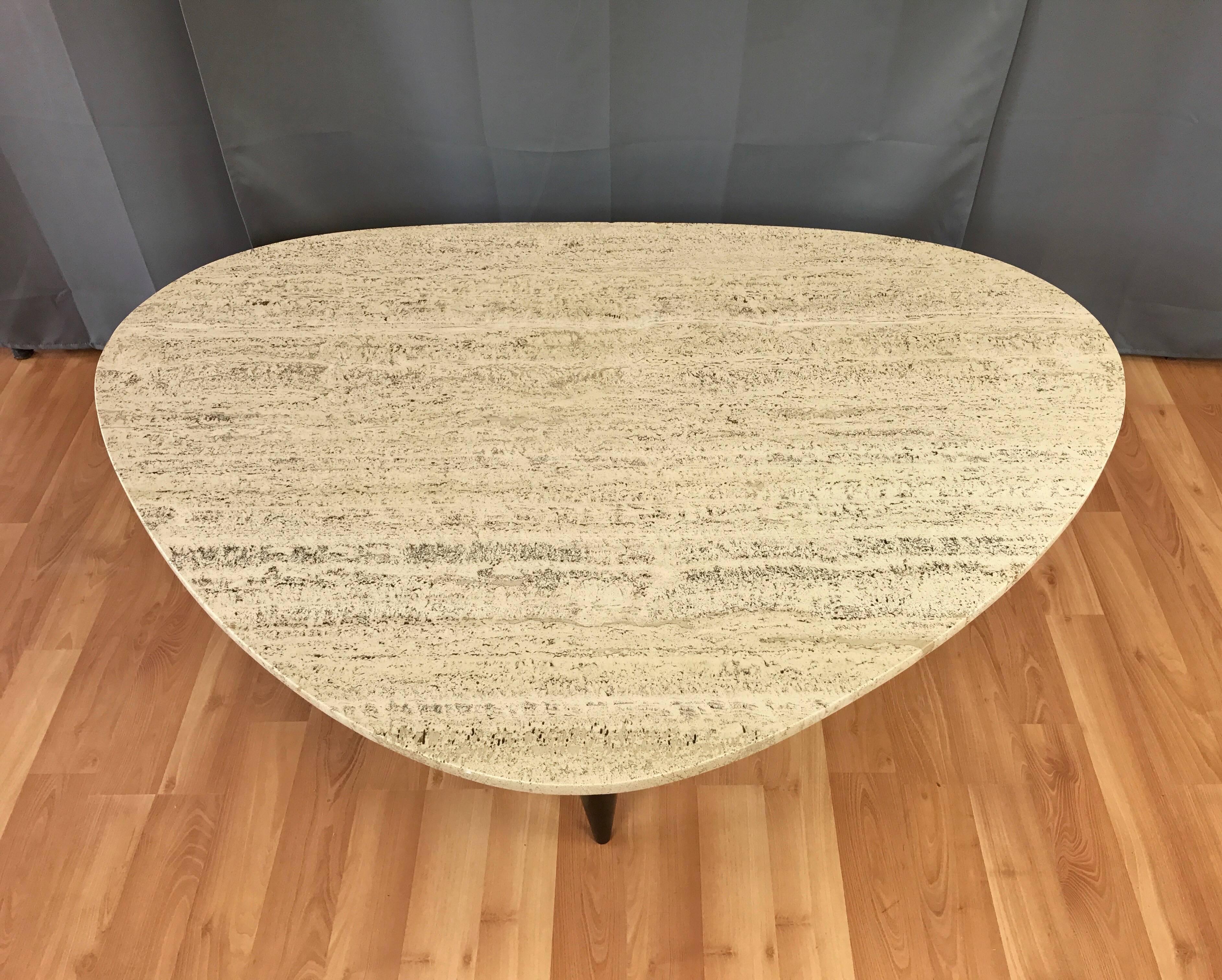 American Biomorphic Travertine Coffee Table with Black Lacquered Base