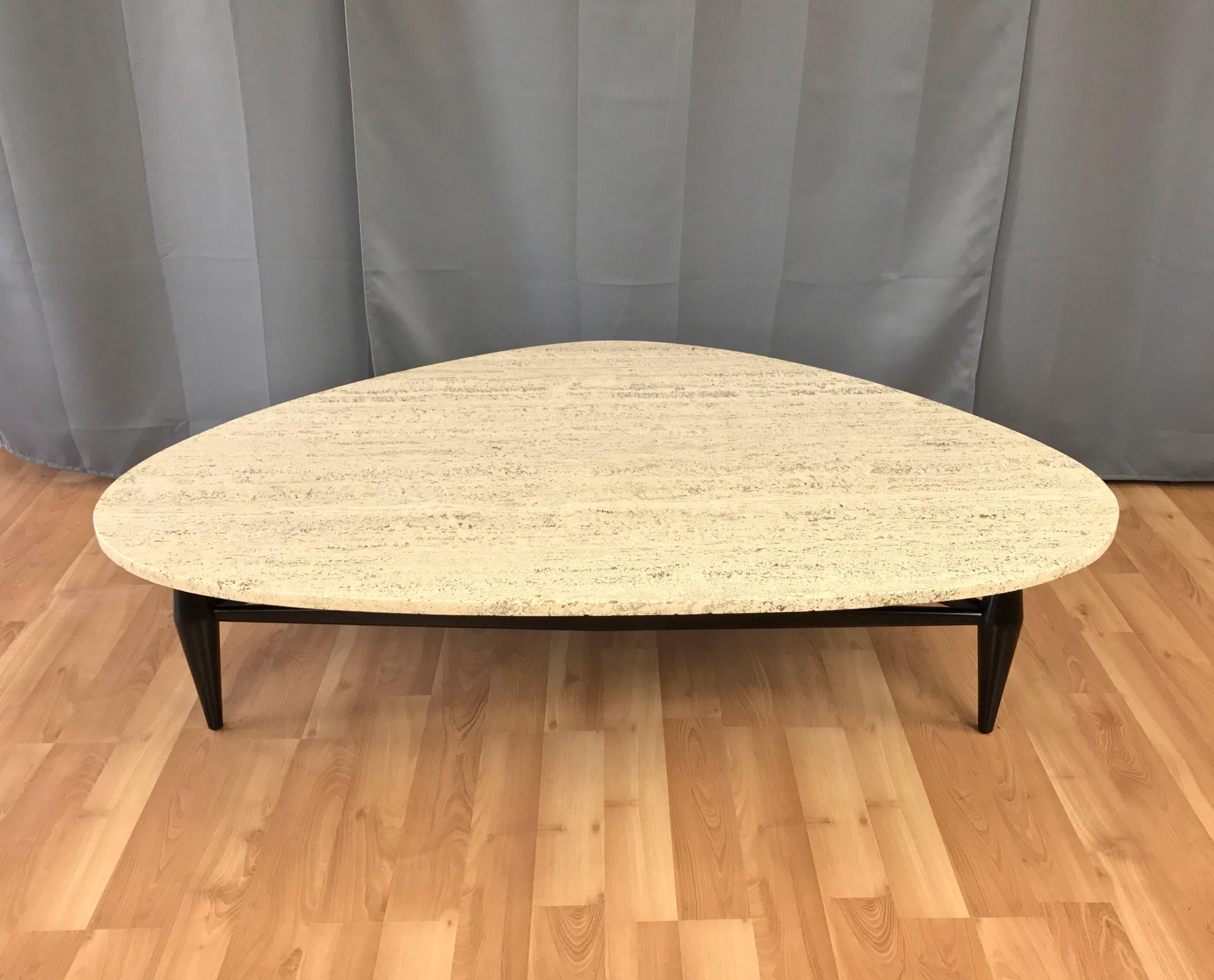 Mid-Century Modern Biomorphic Travertine Coffee Table with Black Lacquered Base