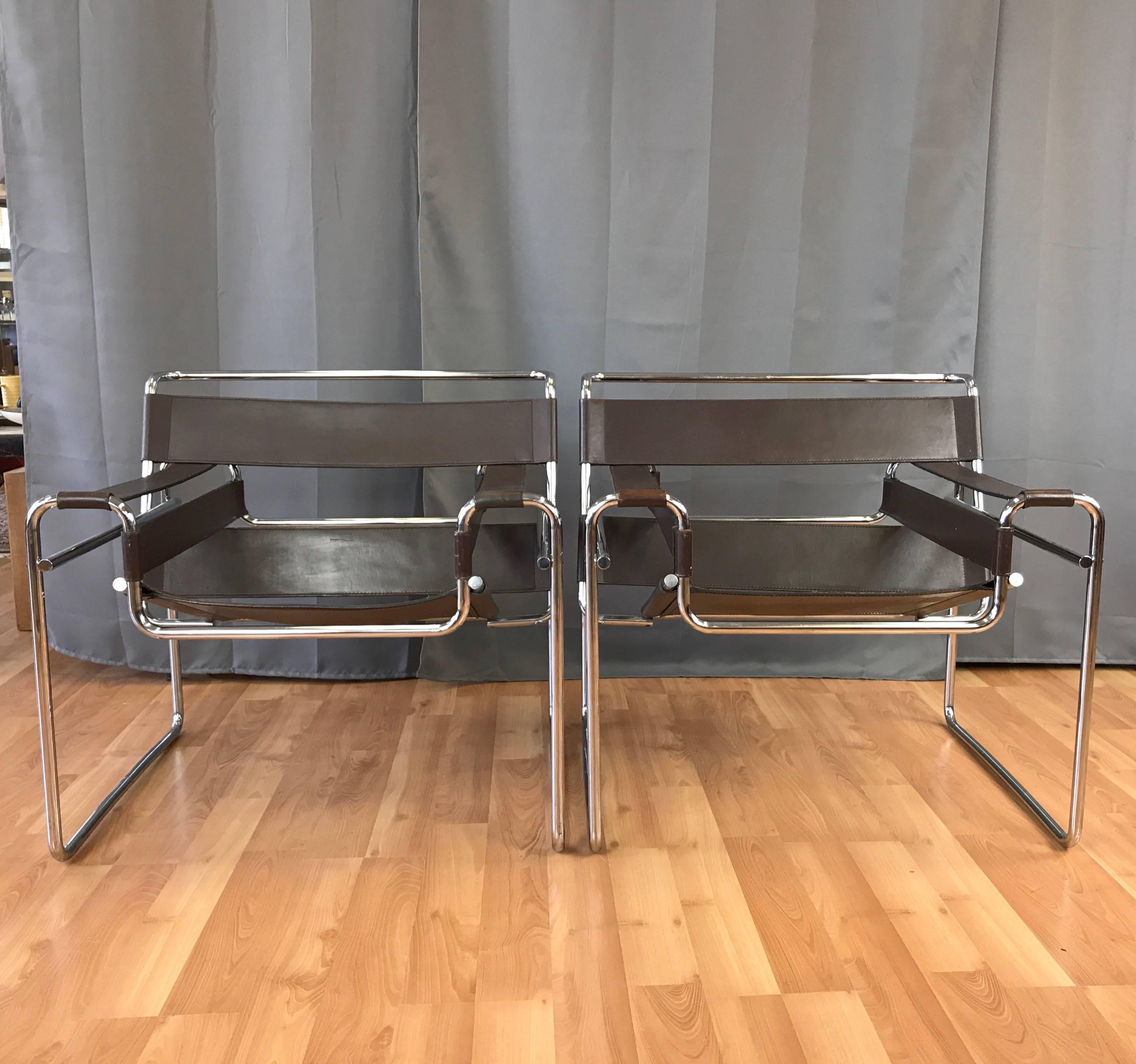 A pair of authentic 1968 Model B3 “Wassily” chairs designed by Marcel Breuer and produced by Gavina for Knoll International.

Designed in 1925, the B3 remains a timeless example of Bauhaus luminary Breuer’s revolutionary efforts to reconcile art
