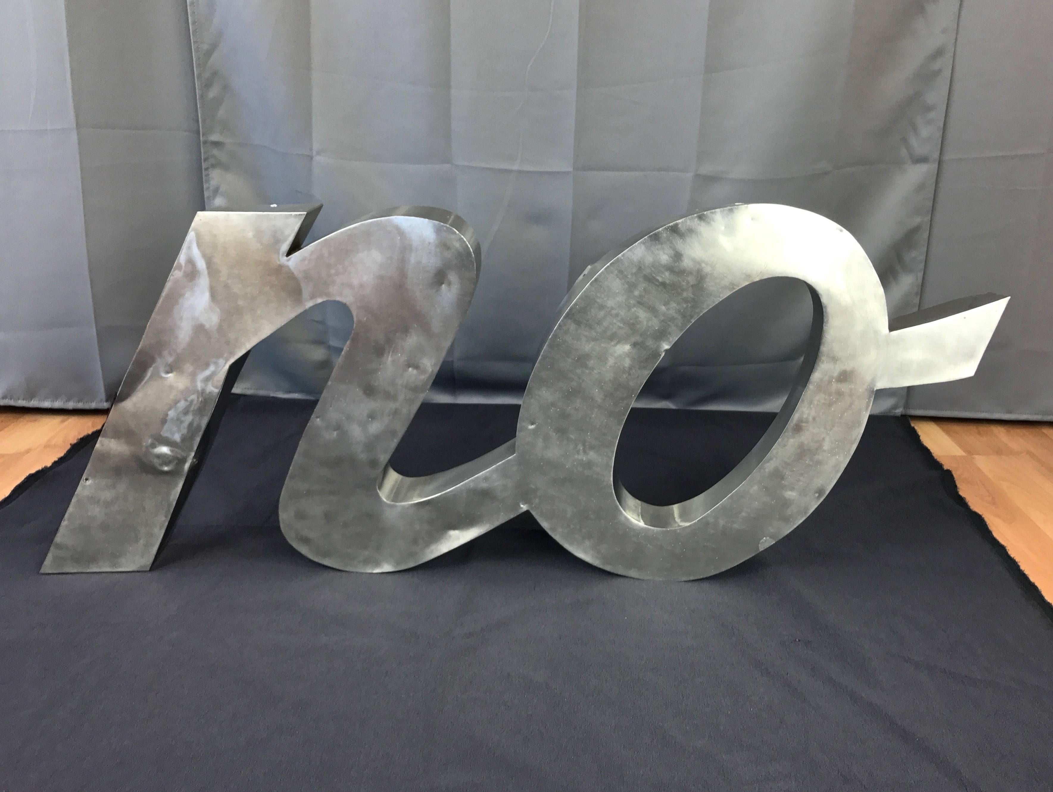 A circa 1950s large three-dimensional steel “NO” sign that will have you saying “YES!”

Typography of the lower case cursive letters has a very stylish mid-century flair. Steel is unfinished, with a combination of shaped and welded edges. Displays a