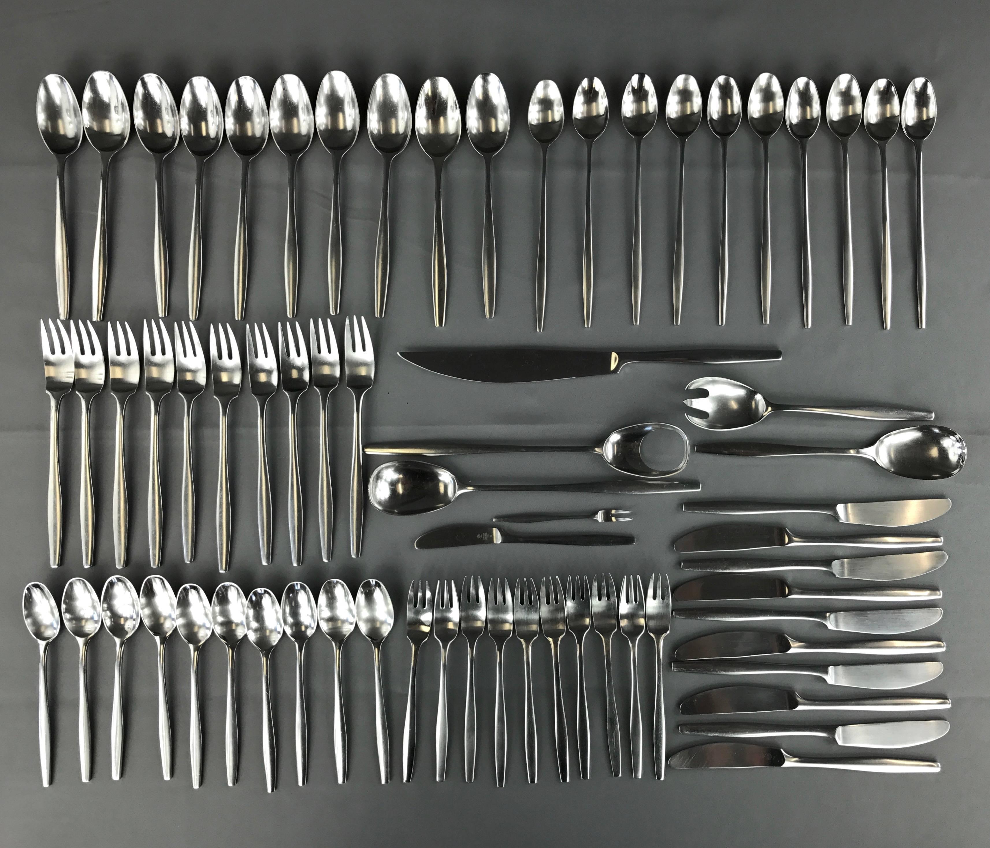A vintage “Variation V” 67-piece stainless steel flatware service for ten designed by Jens Quistgaard for Dansk Designs in 1957.

Set comprised of ten six-piece dinner settings with five assorted serving pieces. Perfectly balanced, with a slender