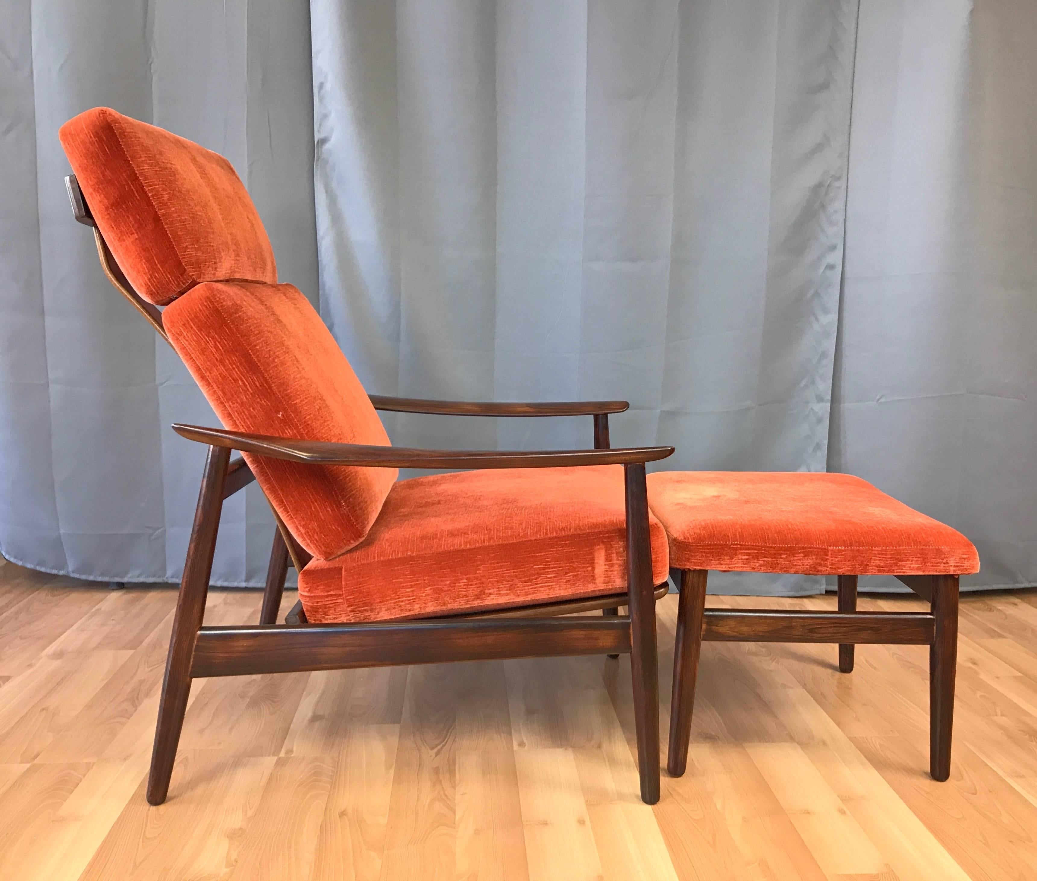 Scandinavian Modern Arne Vodder for France & Son Rosewood Reclining Lounge Chair and Ottoman