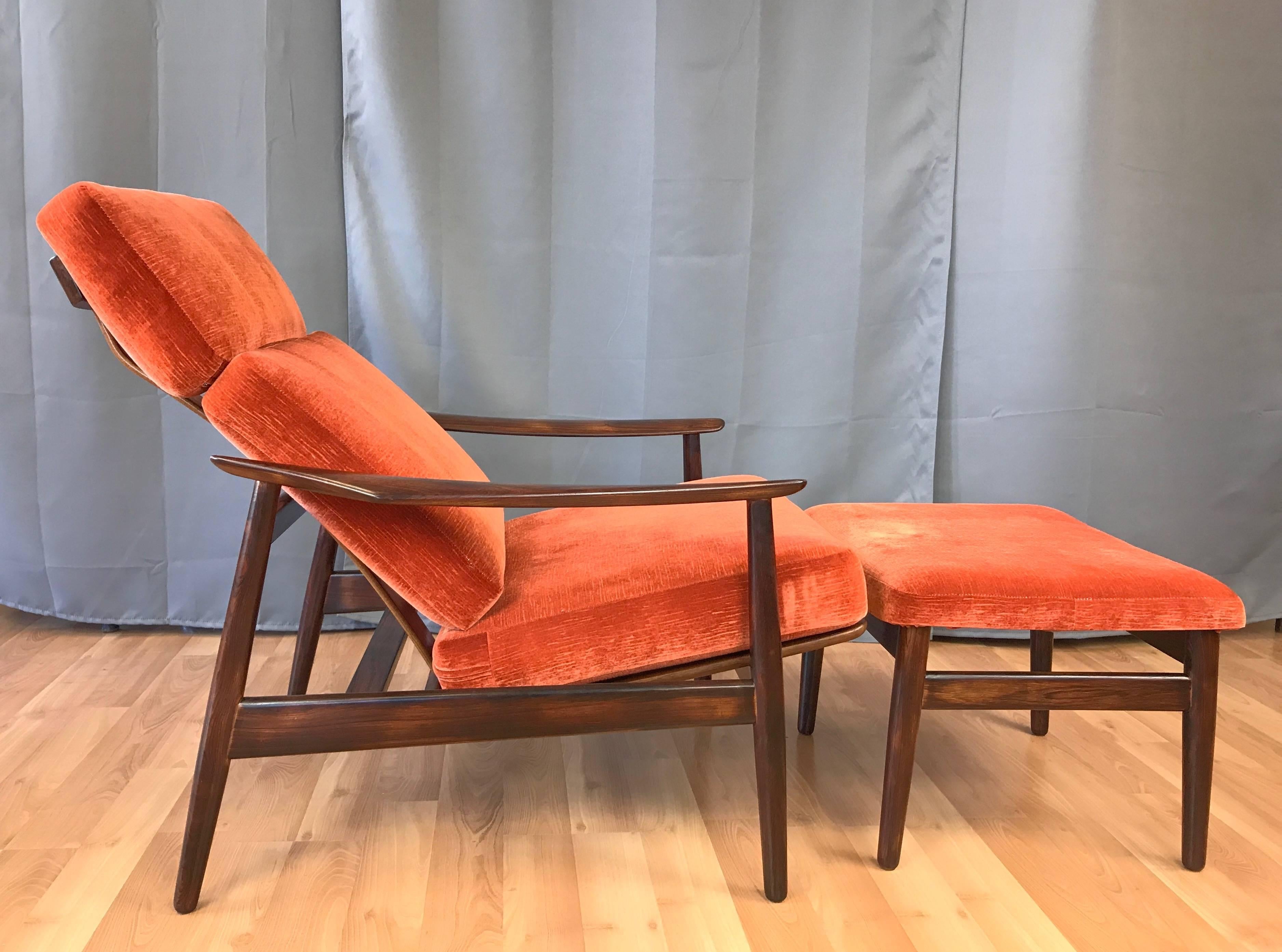 Danish Arne Vodder for France & Son Rosewood Reclining Lounge Chair and Ottoman