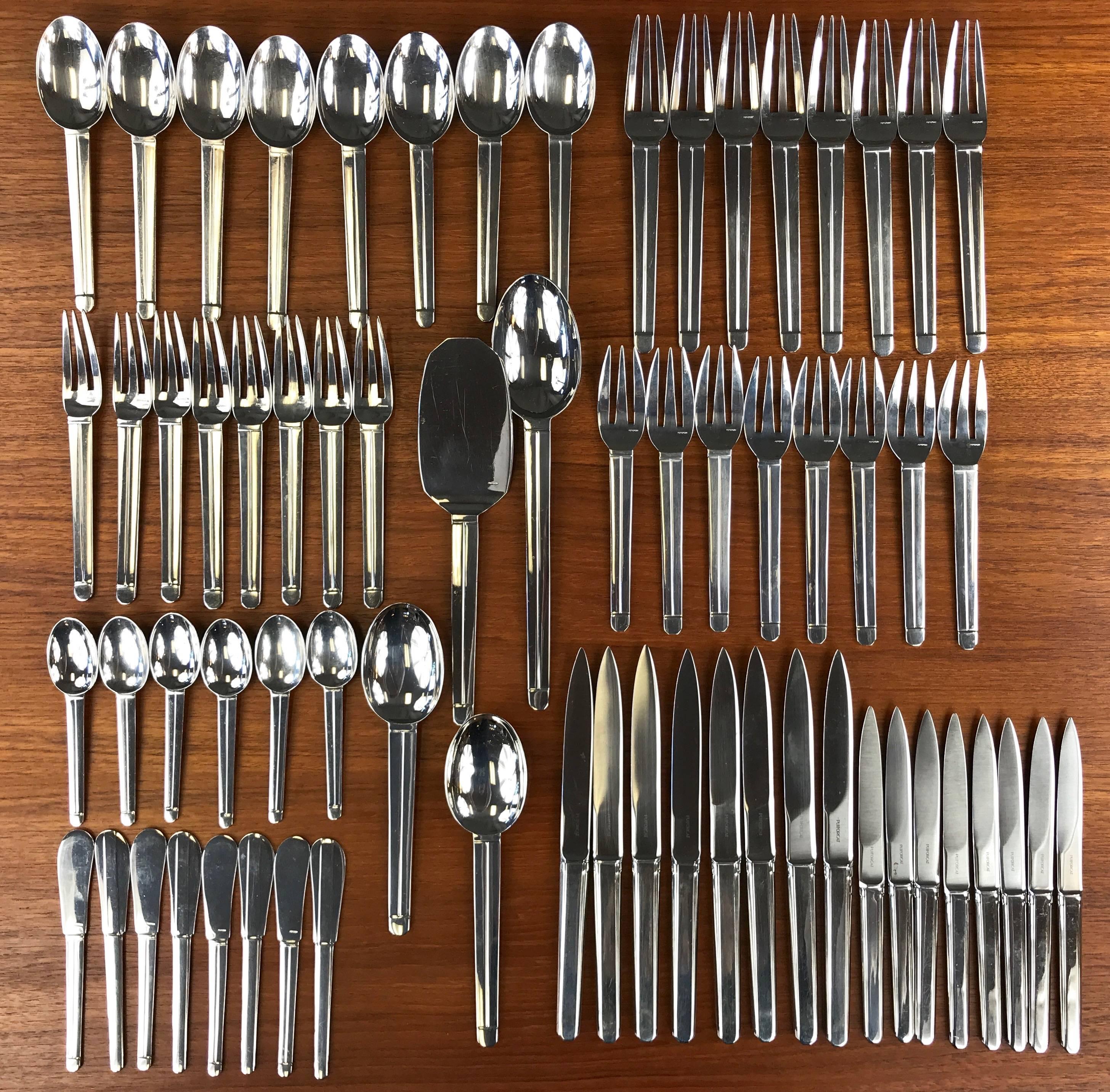 A “Guethary” 58-piece stainless steel flatware service for eight by Puiforcat.

Designed in 1926 by Jean Puiforcat, the pattern has bold proportions and streamlined details that perfectly embody the Art Deco era while still feeling distinctly
