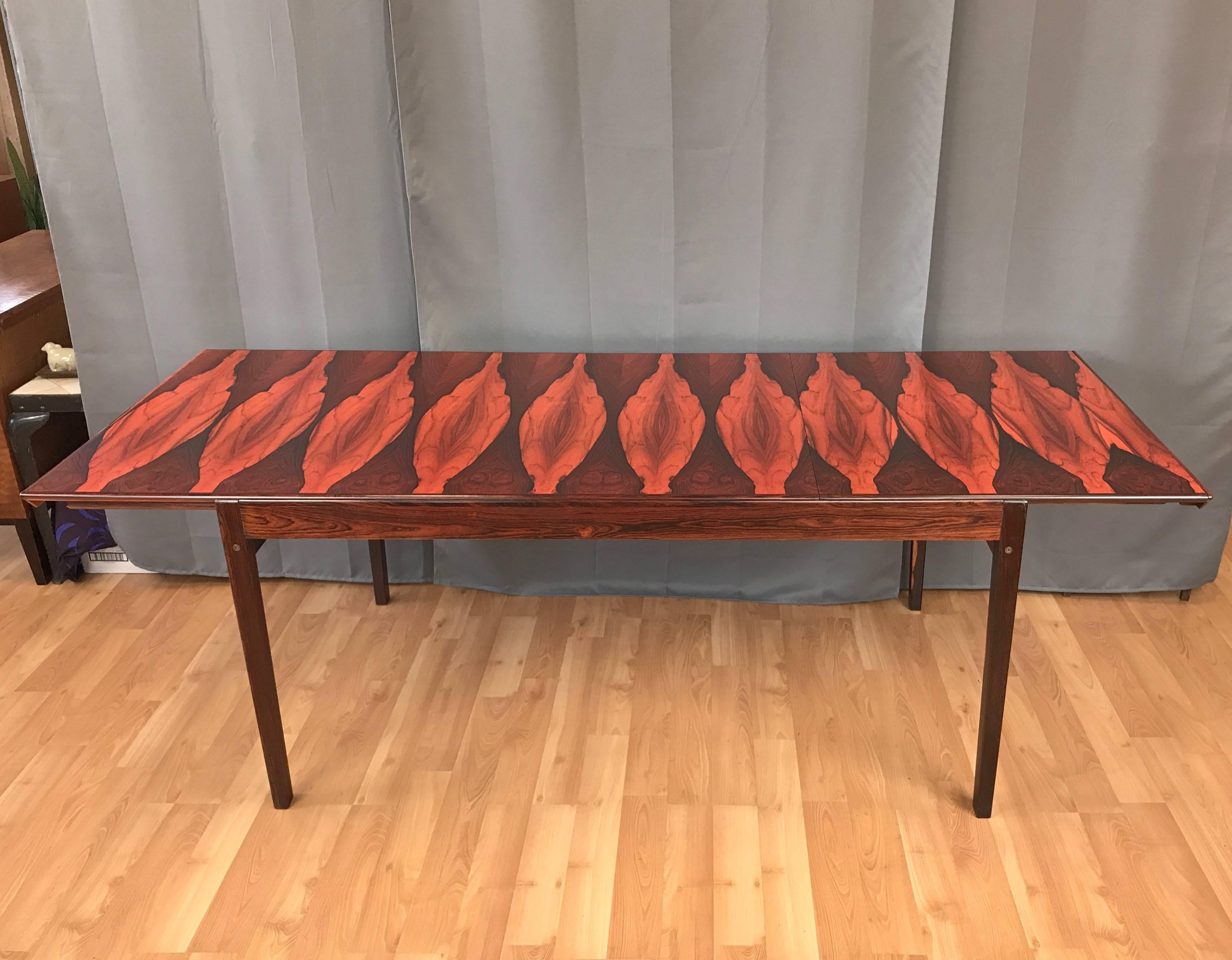 Scandinavian Modern Vintage Danish Boldly Figured Rosewood Expandable Dining Table
