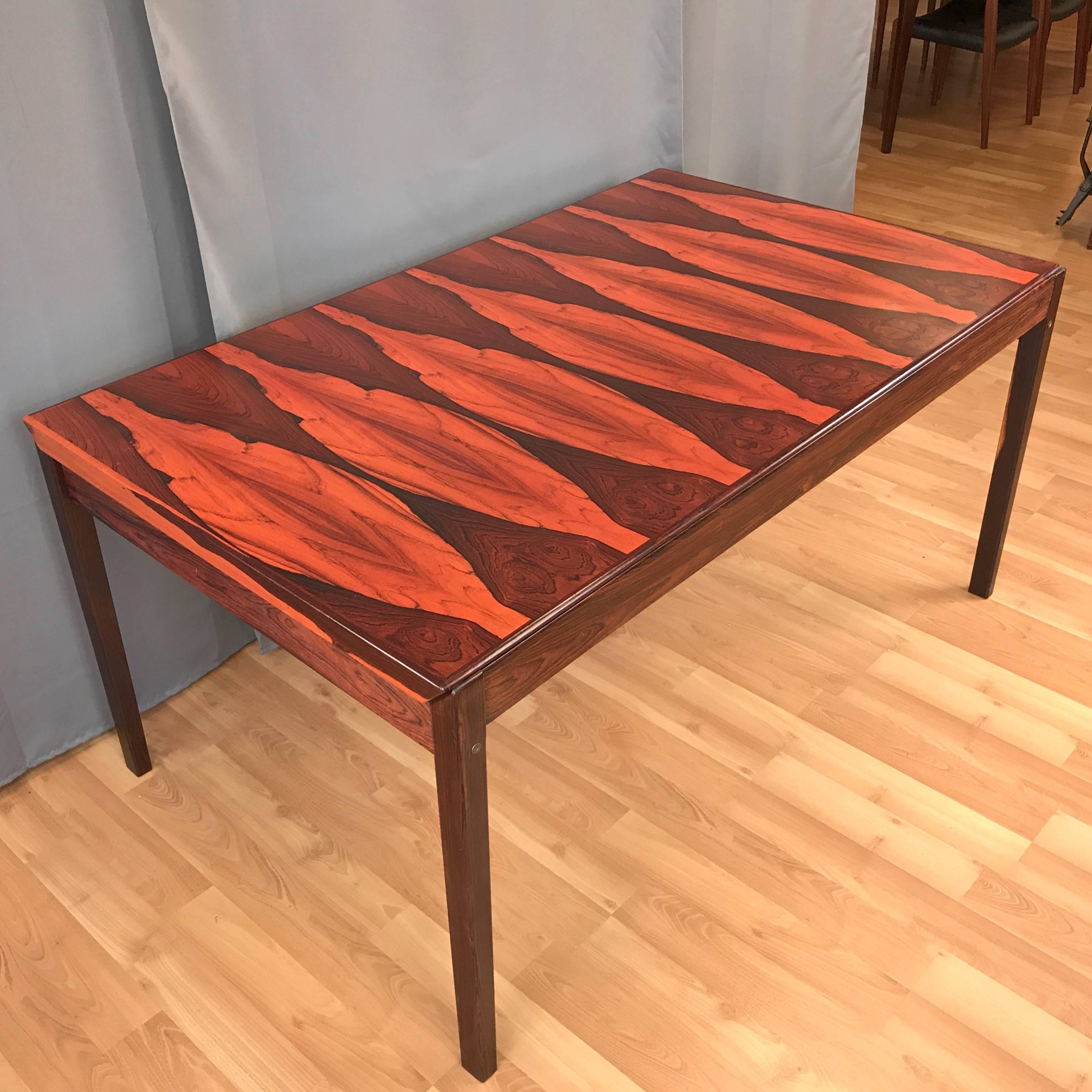 Vintage Danish Boldly Figured Rosewood Expandable Dining Table In Good Condition In San Francisco, CA