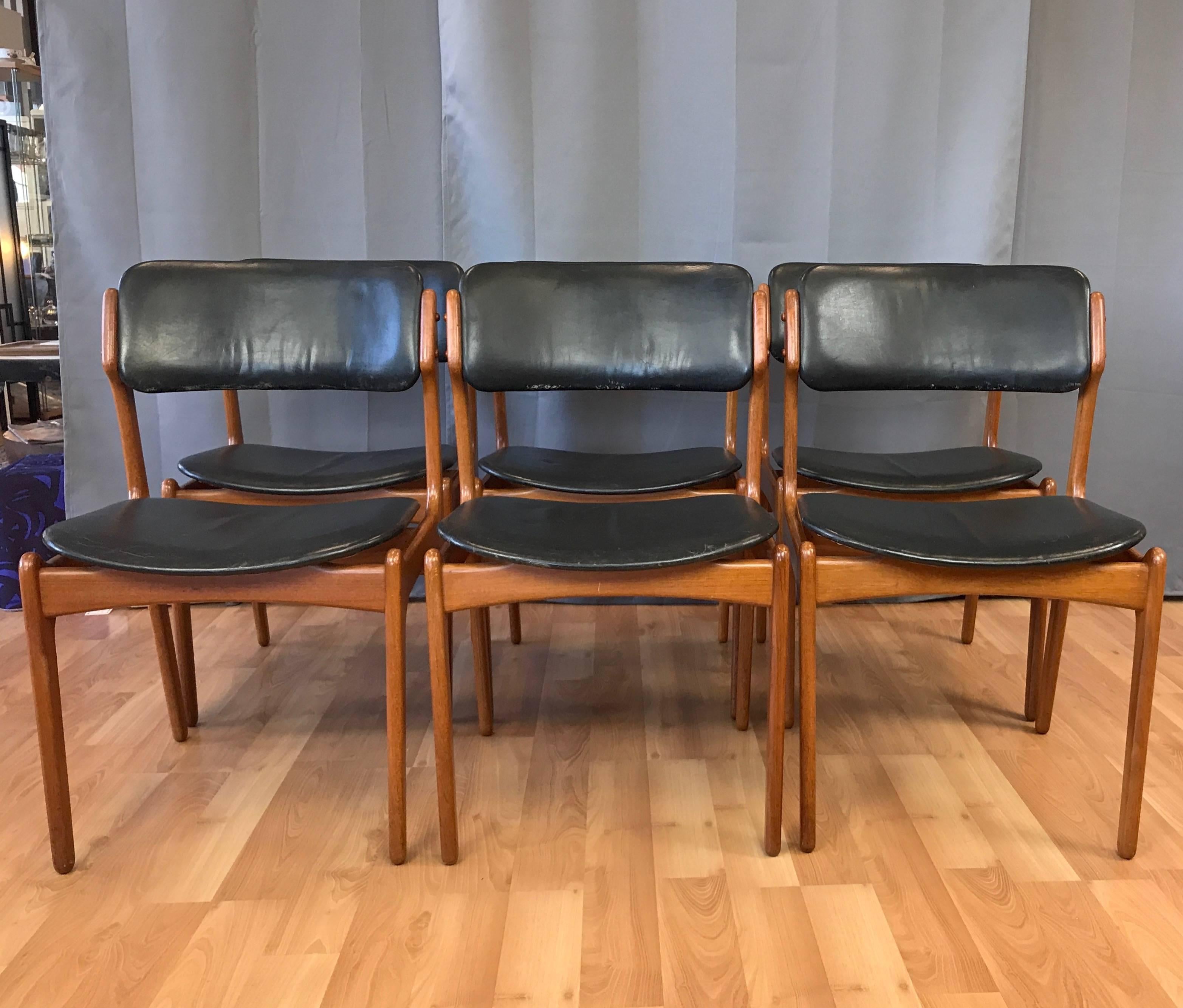 Scandinavian Modern Set of Six Erik Buch for O.D. Møbler OD-49 Teak and Leather Dining Chairs