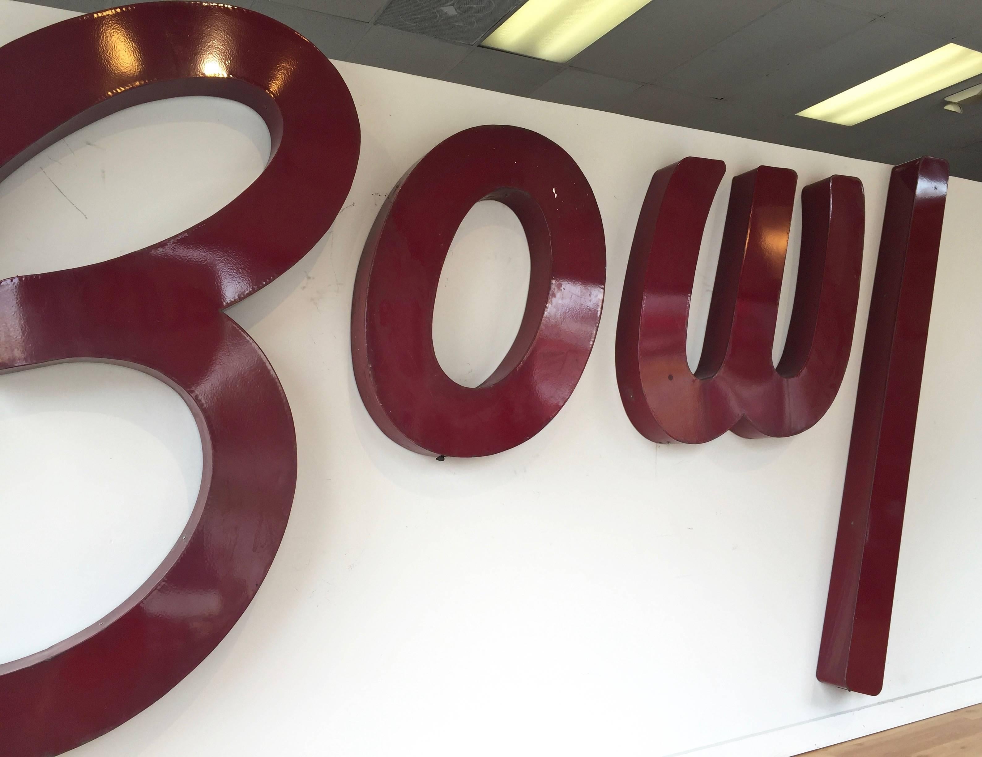 A set of four monumental enameled metal letters that spell “Bowl” from San Francisco’s historic Park Bowl bowling alley signage.

Park Bowl opened on Haight Street next to Golden Gate Park in 1952, on a site that had served as a cable car storage