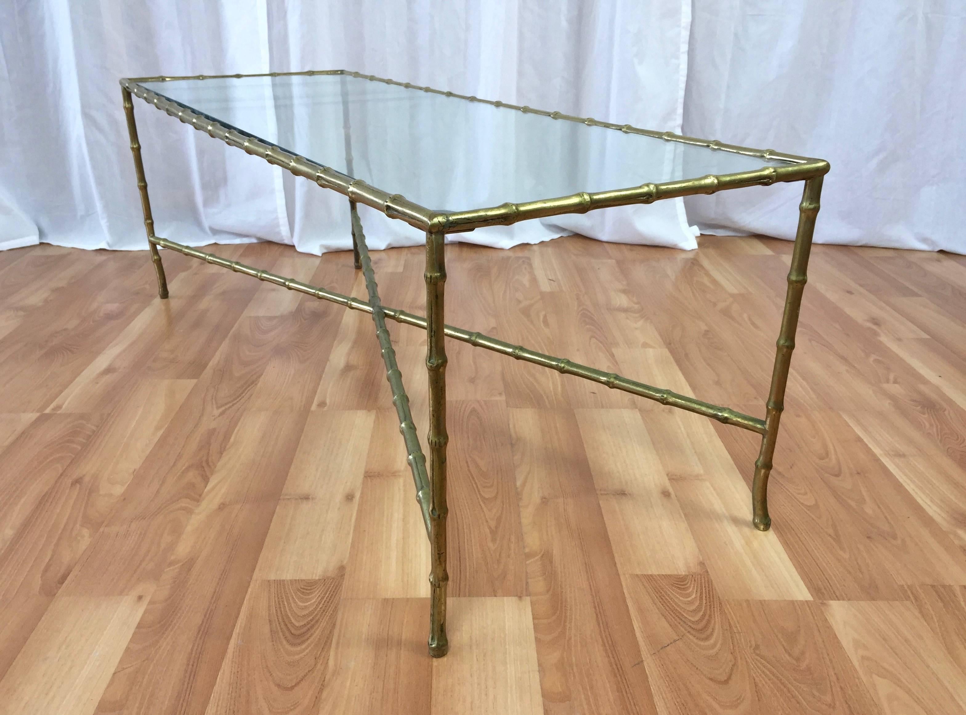 French Maison Baguès Faux Bamboo Brass and Glass Coffee Table