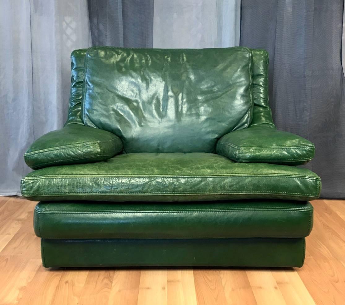 Vintage Roche Bobois Green Leather Sofa & Lounger 1