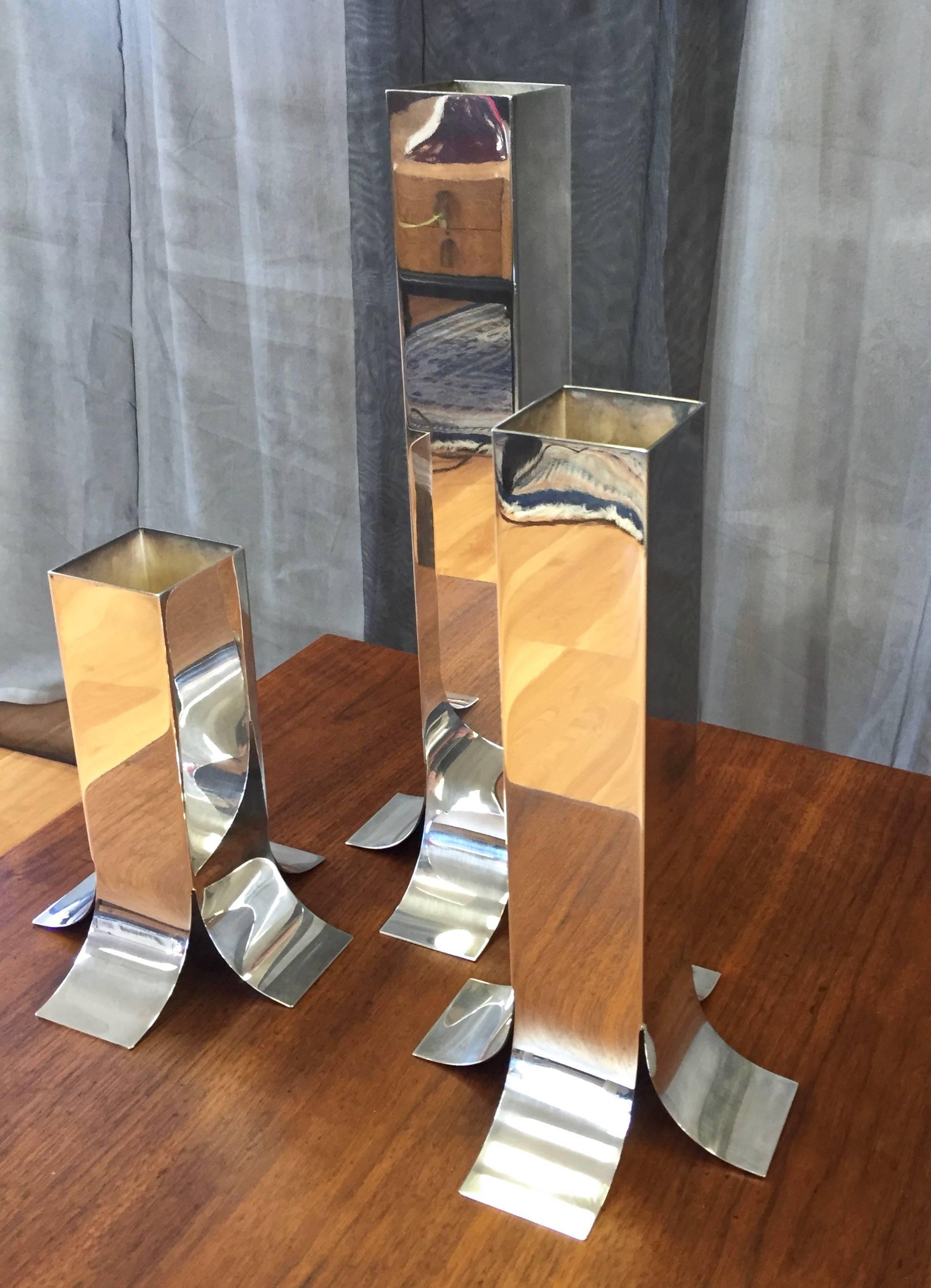 Modern Uncommon Set of Three Lino Sabattini Silver Plated “Stele” Vases