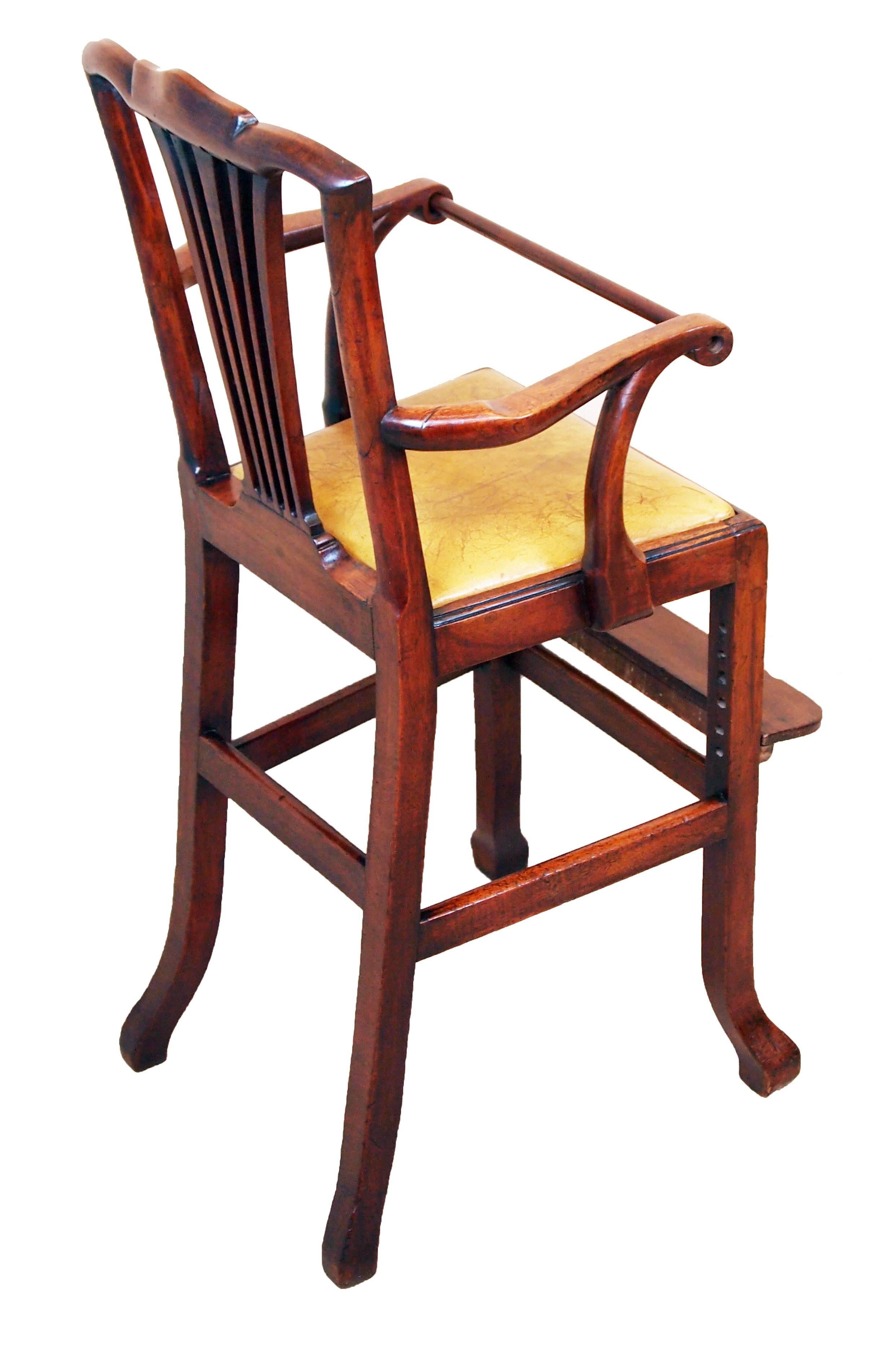 A stunning 18th century Chippendale period mahogany childs high chair
Having pierced fan splat back above drop in seat with turned safety
Bar raised on elegant square chamfered legs terminating with
Unusual kicked feet.

(This is an extremely