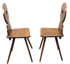 Pair Of Fruitwood Folk Art Swiss Escabelle Hall Chairs, Mid 19th Century