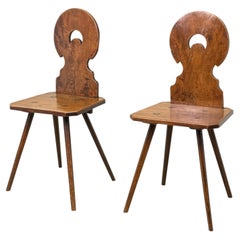 Pair Of Fruitwood Folk Art Swiss Escabelle Hall Chairs, Mid 19th Century