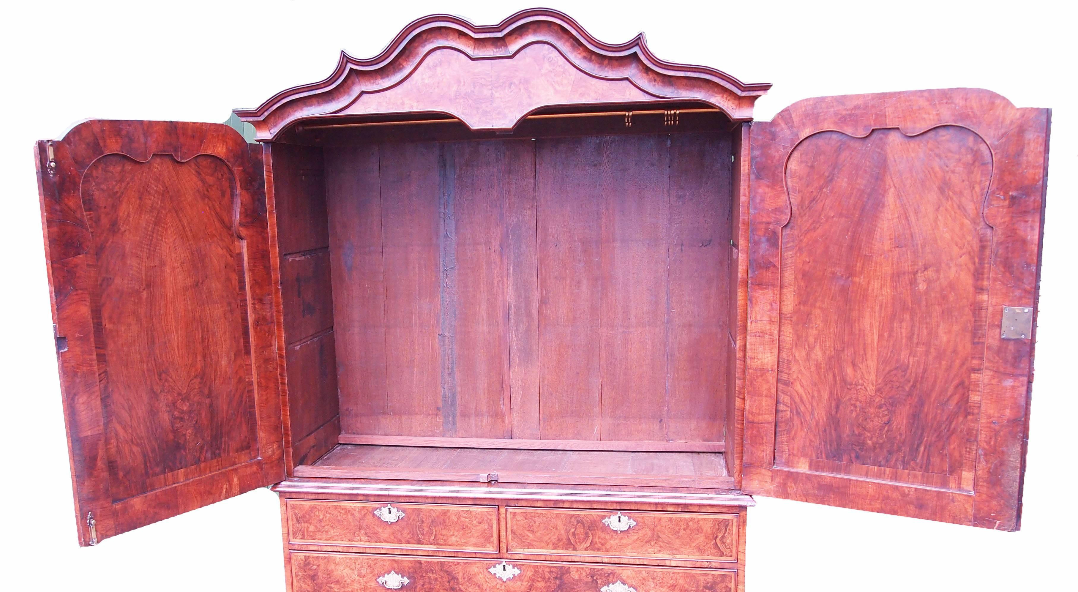 European Antique Early 18th Century Burr Walnut Linen Press Cupboard