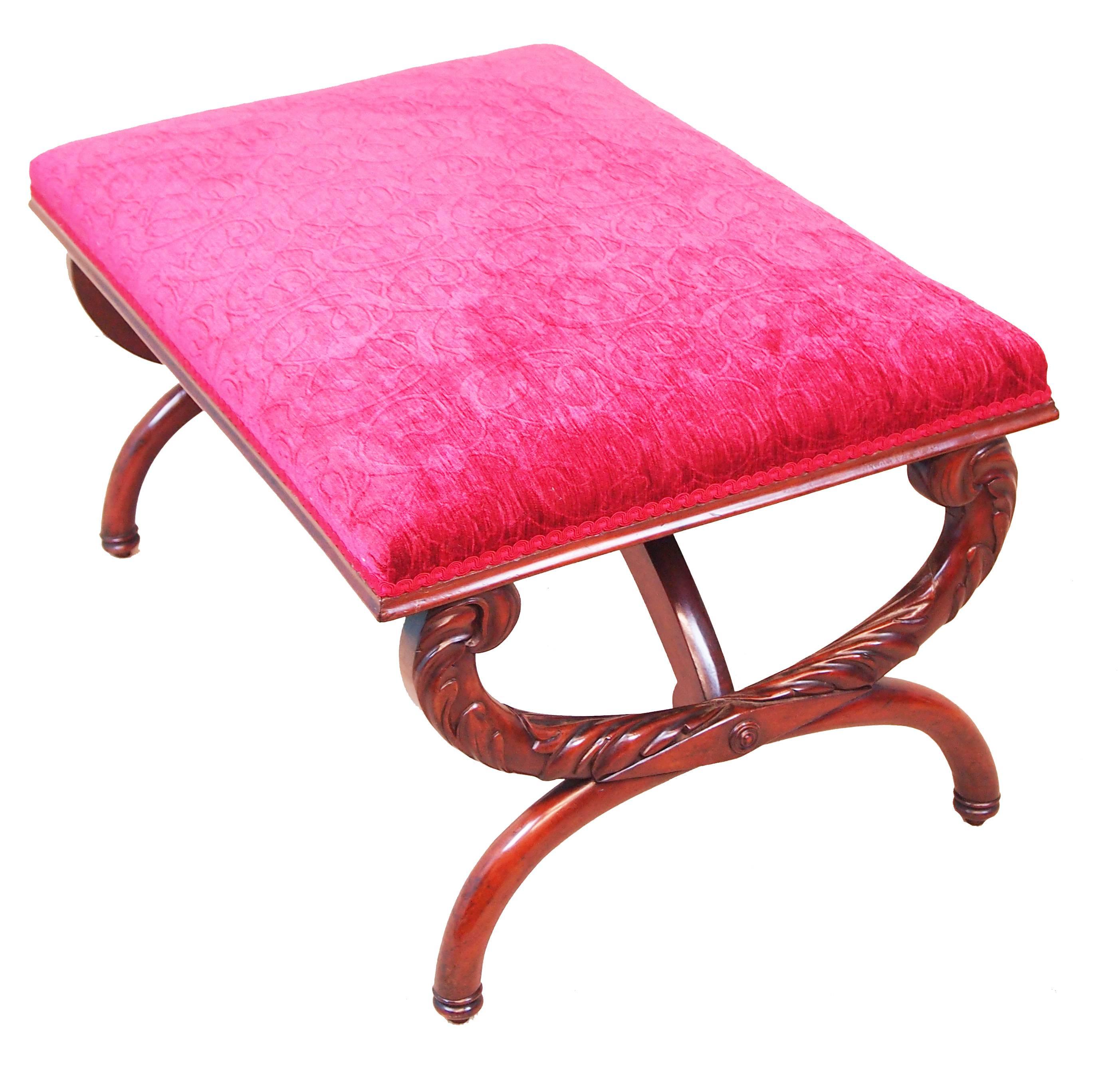 A very good quality mid-19th century mahogany salon stool
having rectangular top raised on elegant X framed end
supports with attractive carved decoration

(An elegant and excellent quality stool in good condition. The
carved decoration is