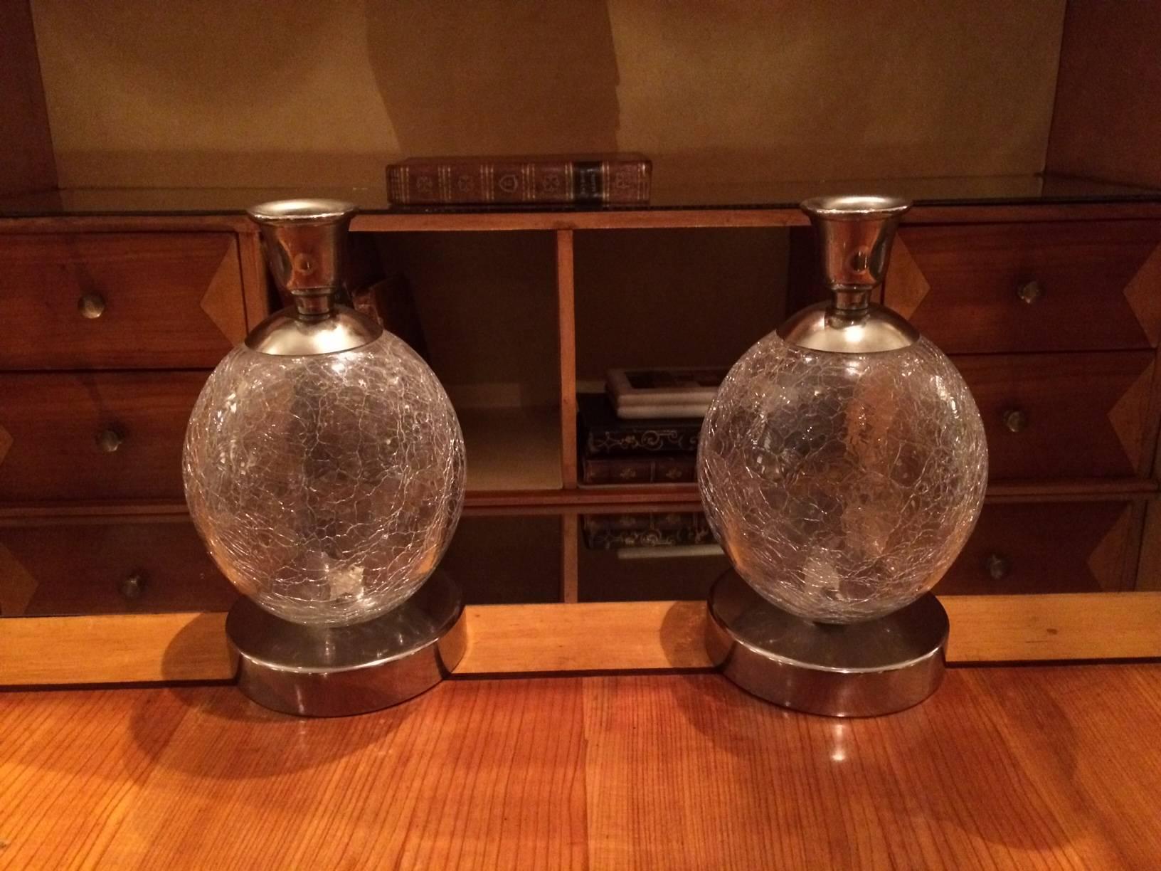 French Pair of Crackle-Glass Candleholders For Sale