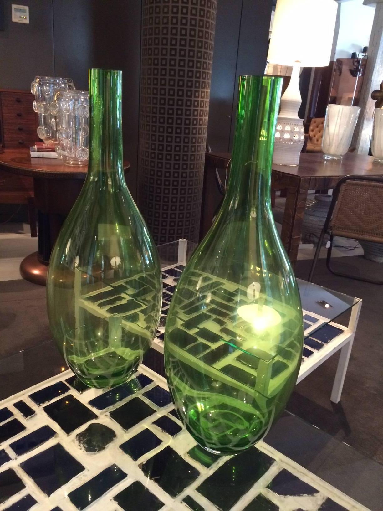 Murano Glass Pair of Large Green Glass Vases For Sale