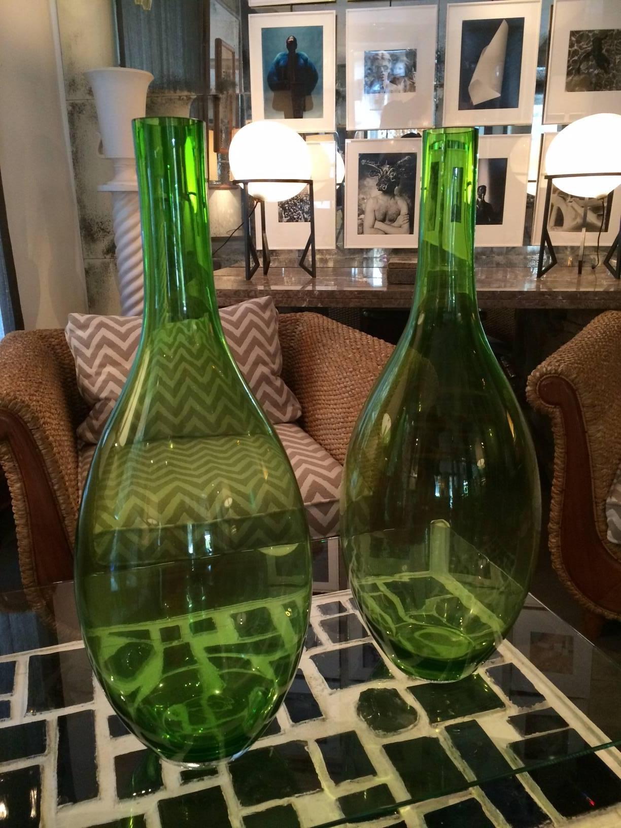 Pair of Large Green Glass Vases For Sale 1