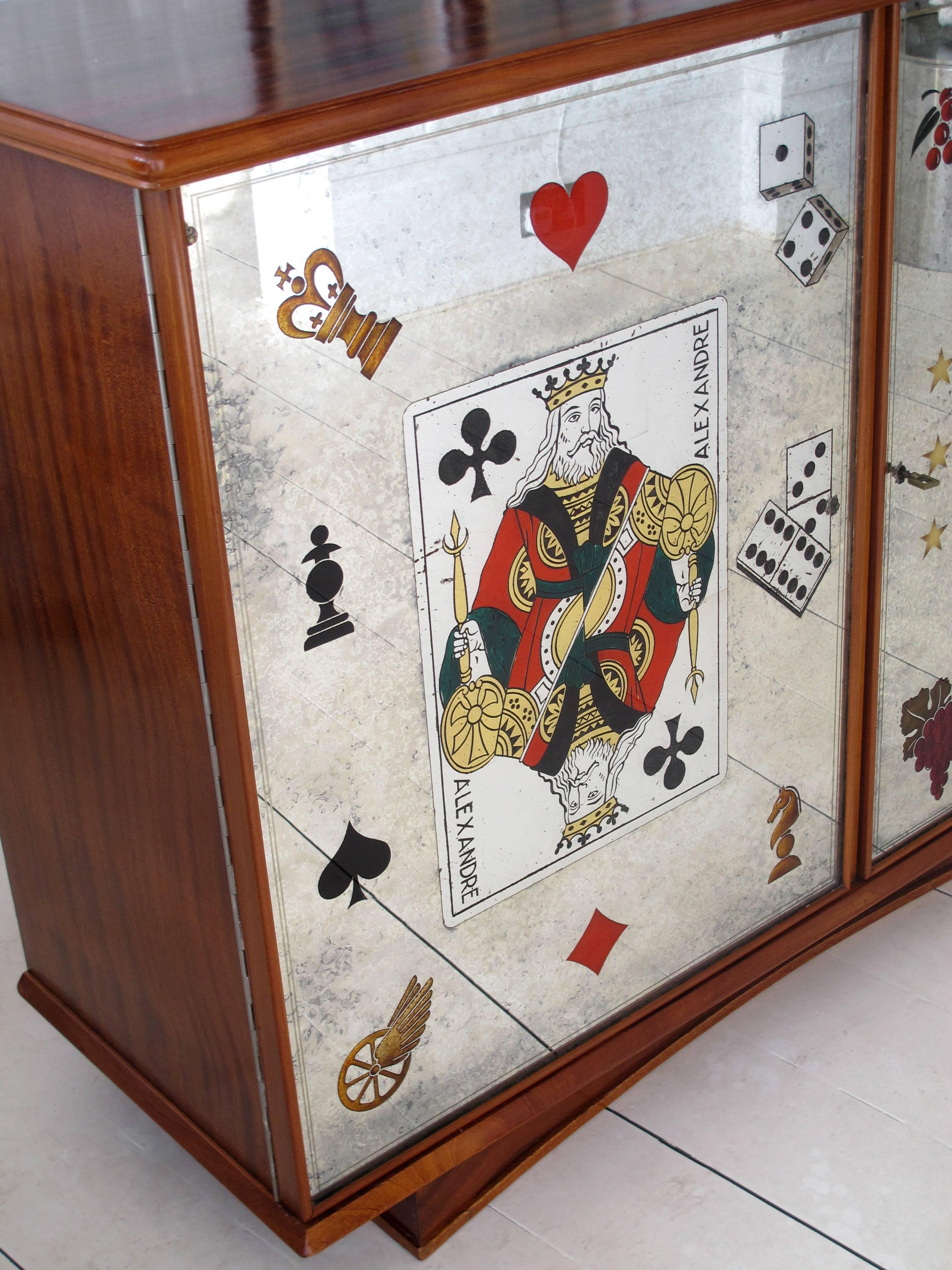 French Art Deco Bespoke Drinks and Games Cabinet in Eglomise Glass