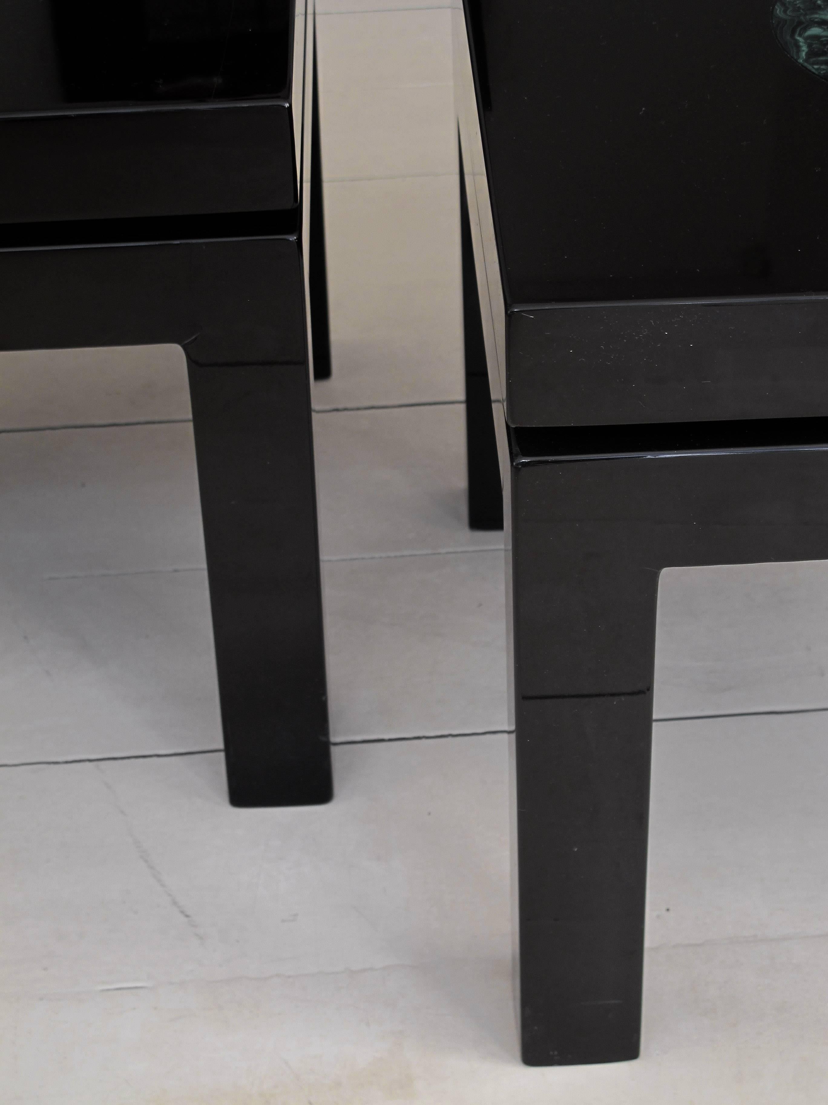 Belgian Fernand Dresse Pair of Black Lacquer Side Tables with Malachite Inclusions For Sale