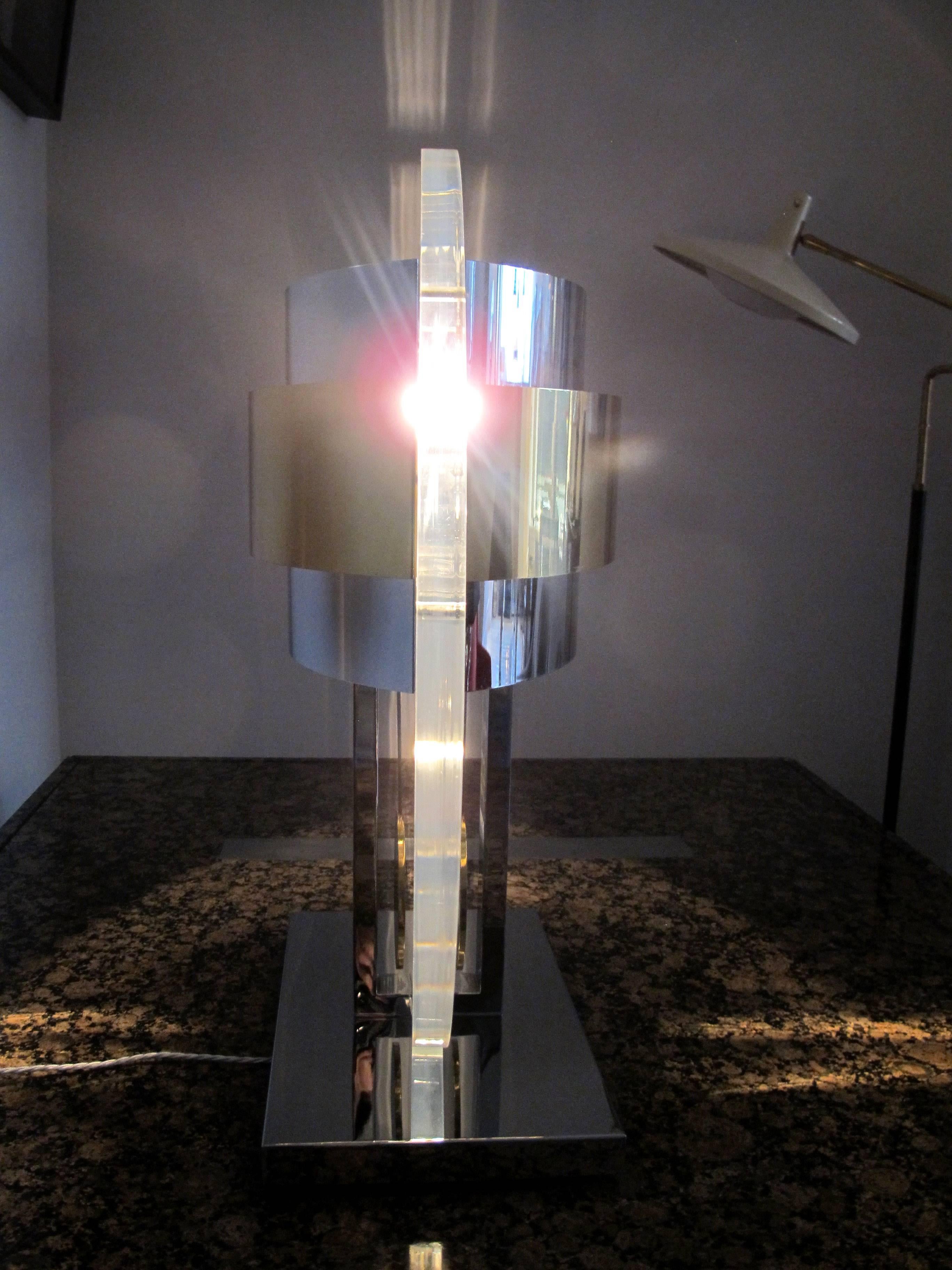 French Centre Lamp Sculpture in Brass Chrome and Plexiglass For Sale