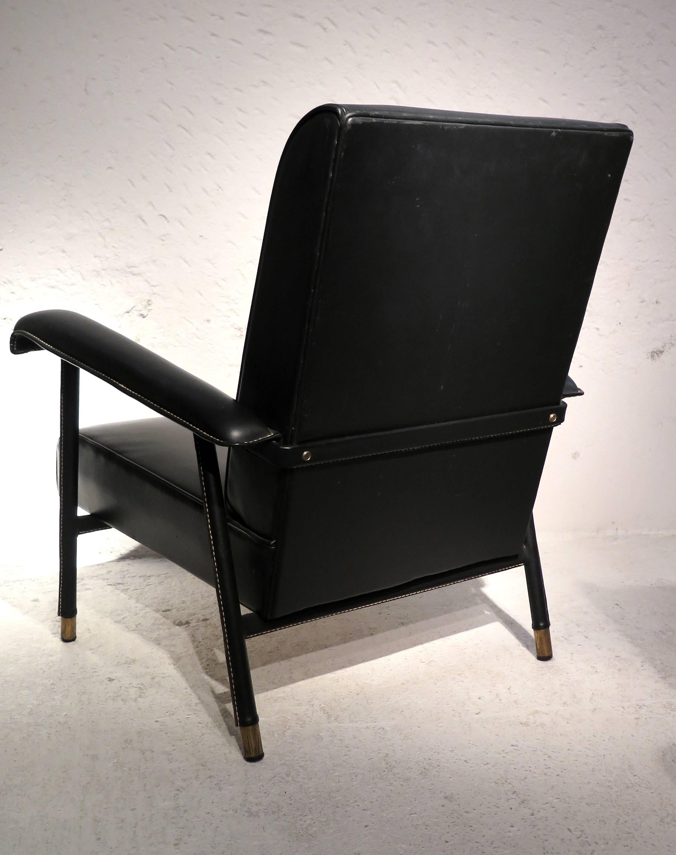 French Jacques Adnet Armchair in Stitched Leather and Moleskin For Sale
