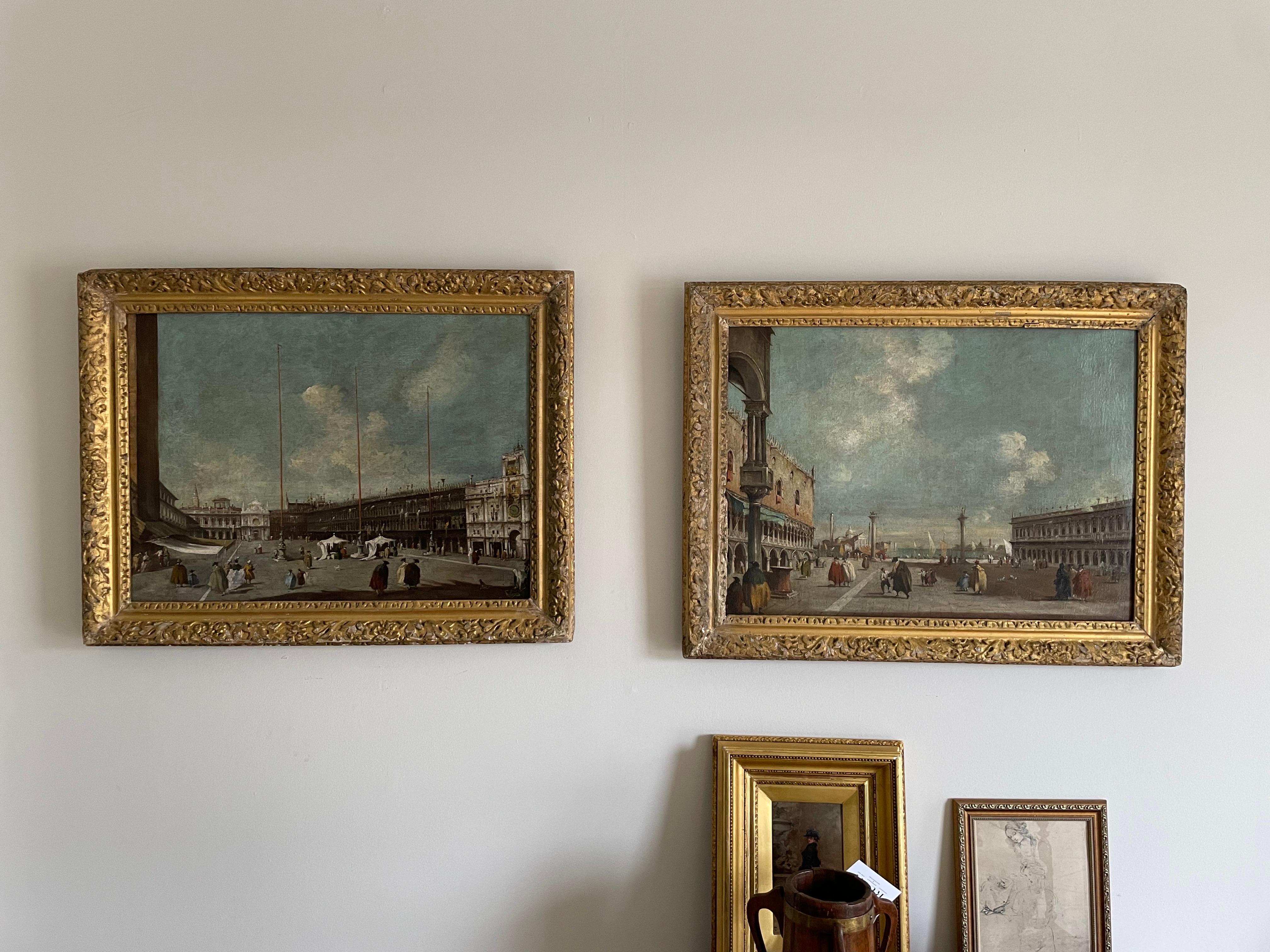 Highly desirable pair of oil on canvases 
Italian Venetian Scenes
Manner of Francesco Guardi
Venice, a view of St. Mark's Square towards San Geminiano & 
Venice, a view of the Piazzetta towards San Giorgio Maggiore

Unframed 