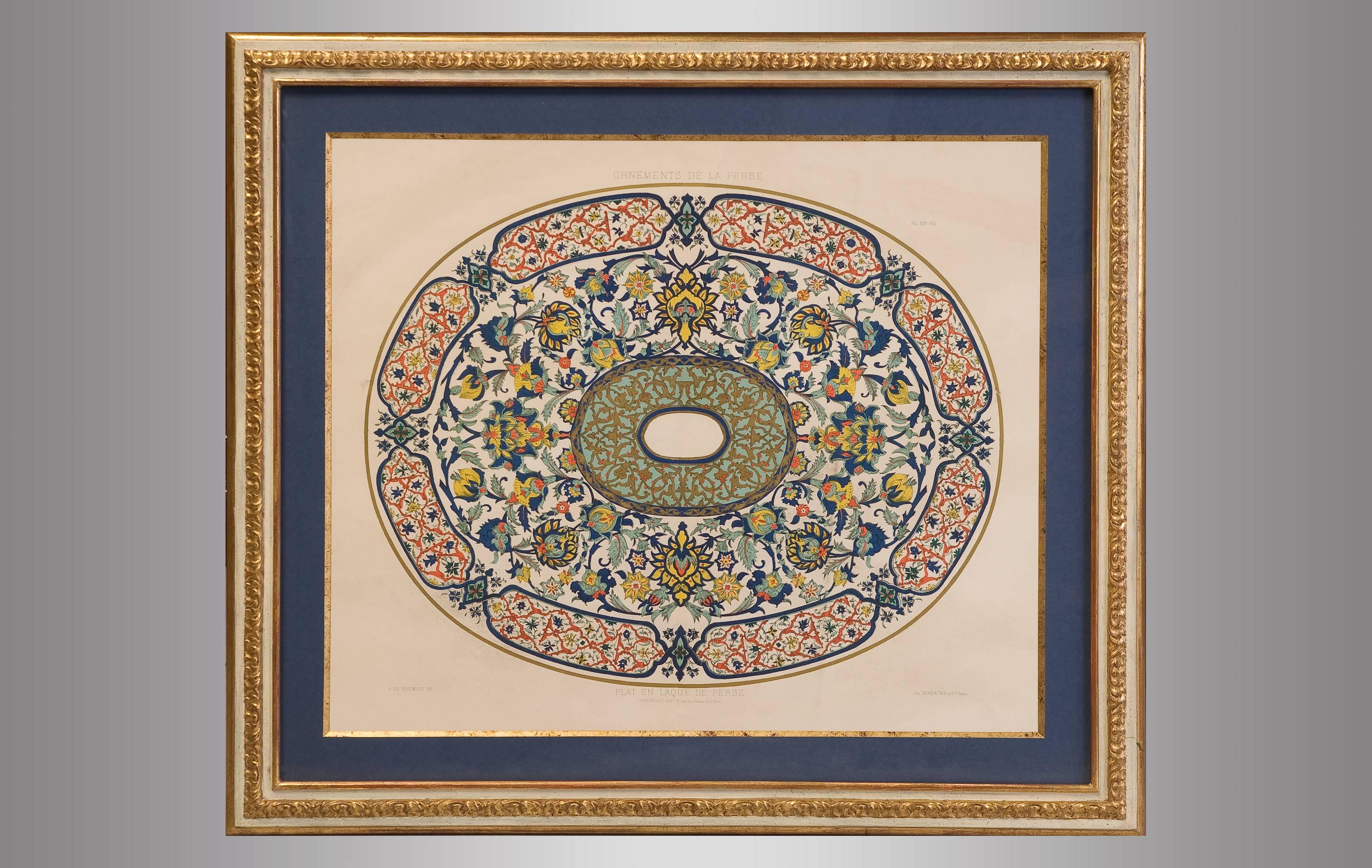 Set of five  French  lithographs with Persian decorative motifs. Exquisite framed. Early twenty Century.
1 Big lithography measures: H 66cm. x L 75,5cm.
2 Medium lithographs measures:H 54cm. x L 64cm.
2 Small lithographs measures:H 58cm. x L