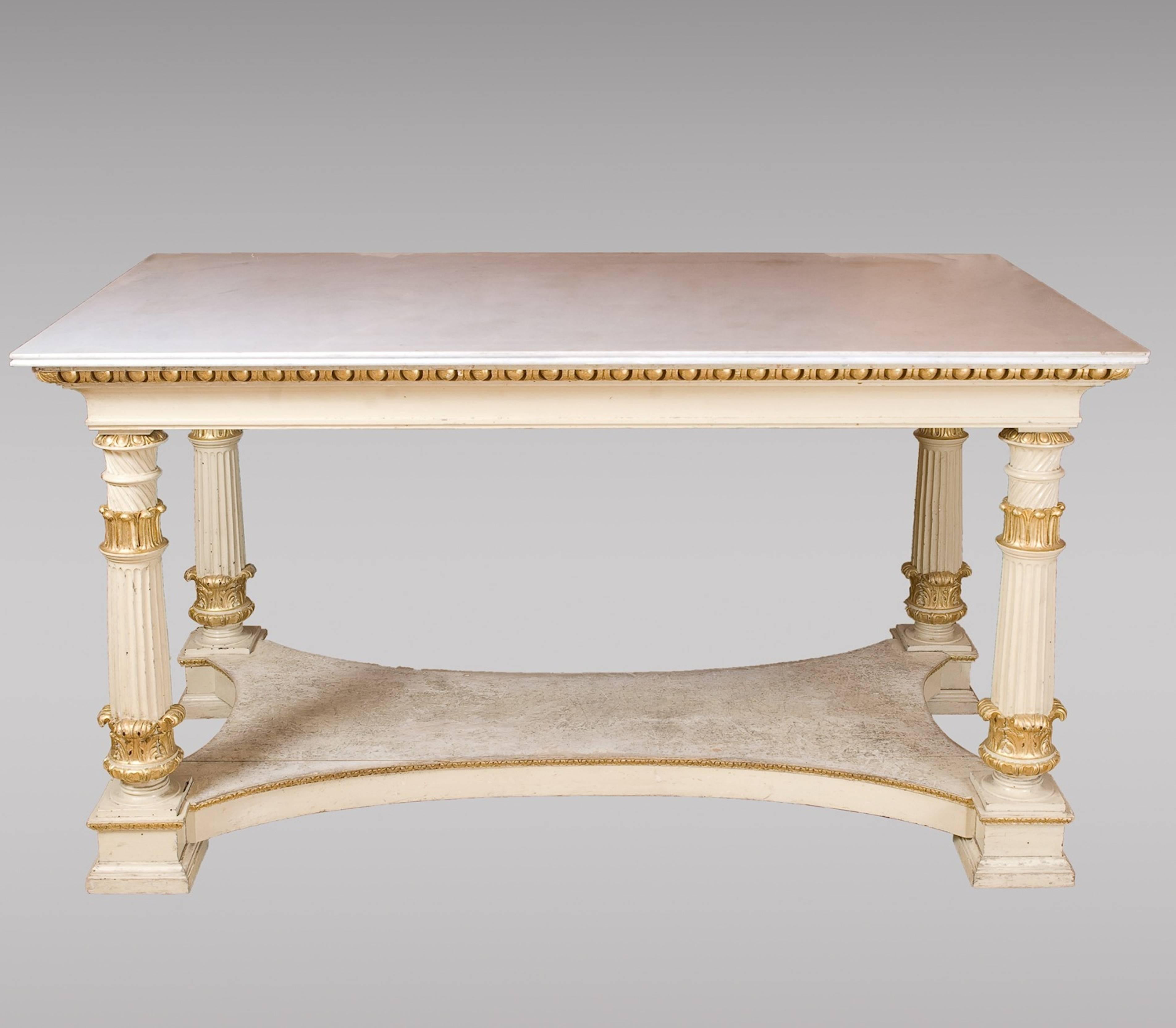 Two painted and gilded center tables, 19th century.
Some old holes.
White marble tops.
(May sell one piece).

.