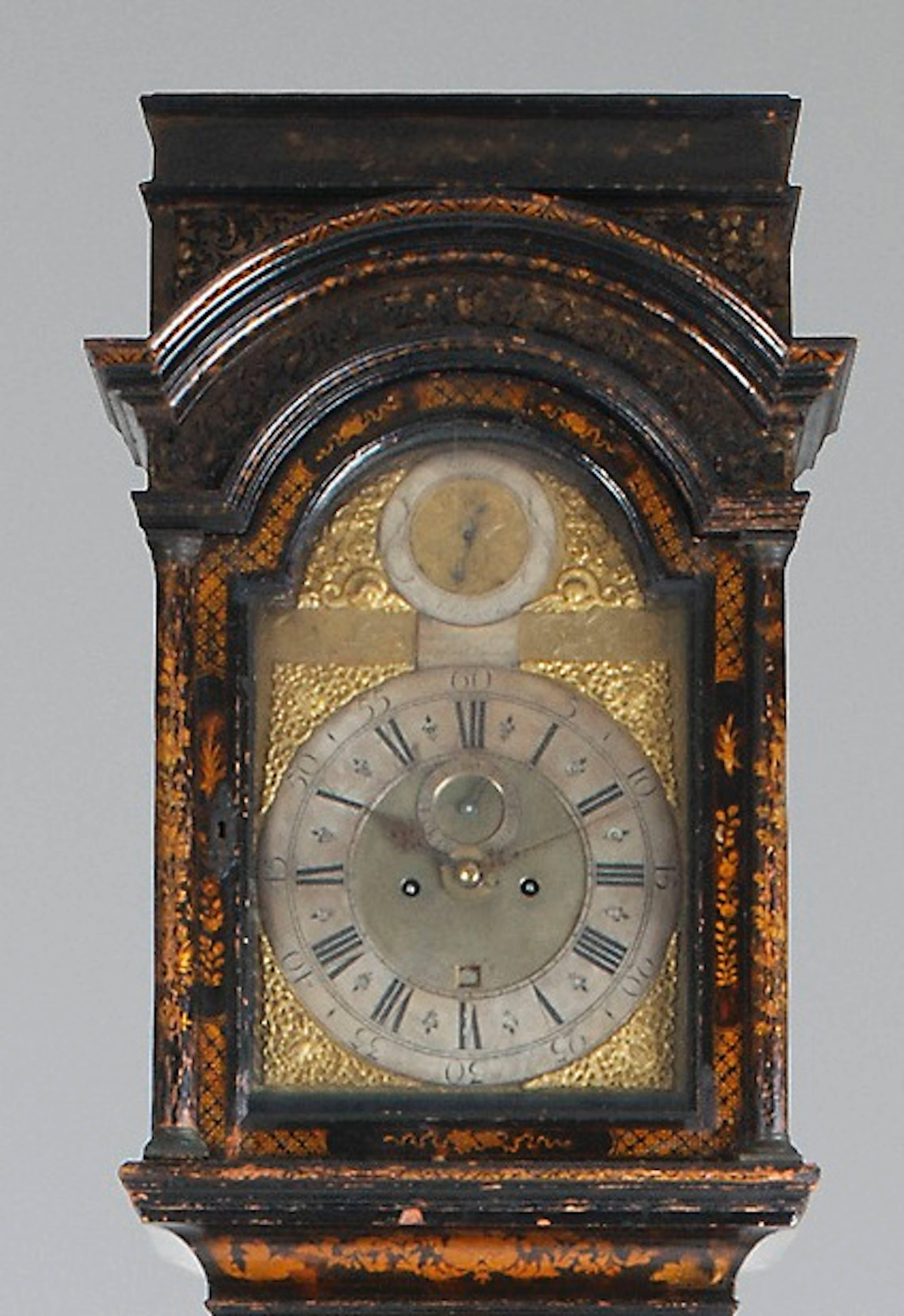 Longcase clock by Alexander Giroust, circa 1730. Oak lacquered case with "Chinoserie" the dial signed: Alex Giroust, Coventry Street, London. Lacquer needs restoration.