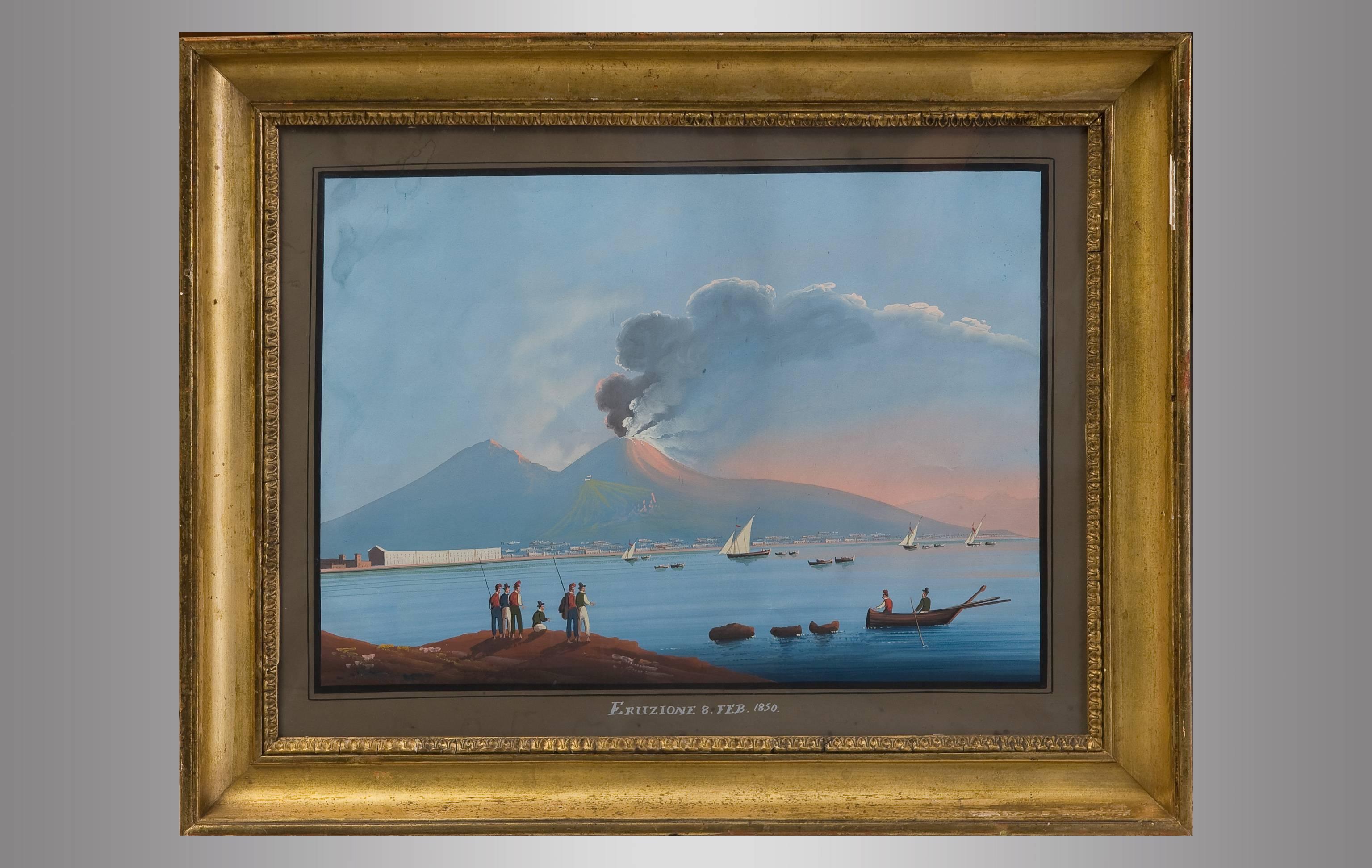 Pair of Neapolitan Gouache ''Eruzione 8 de Febrero de 1850,''
19th century.
Views of Vesuvius eruption, day and night.
Original framed.

