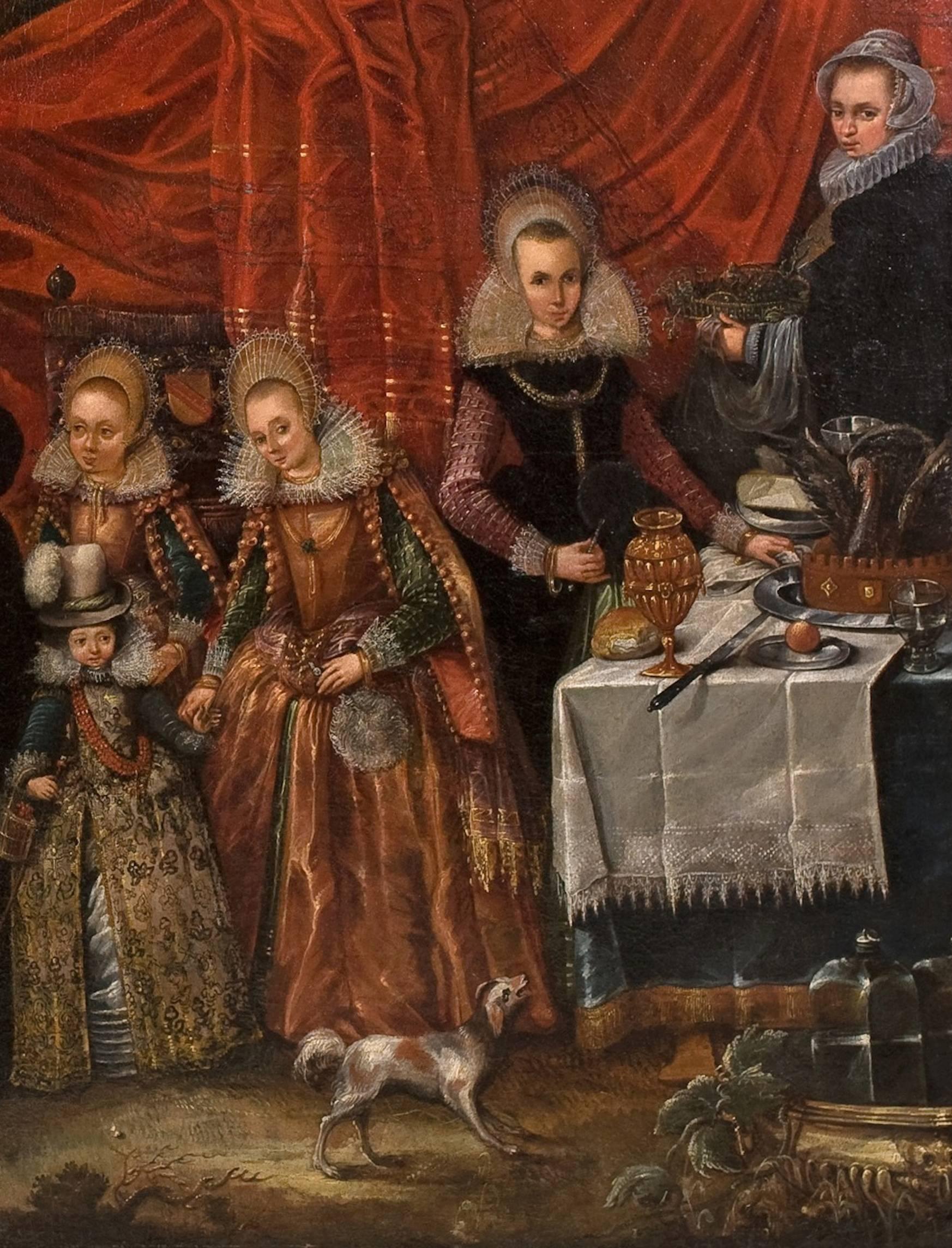 Portrait of a Noble Family in the landscape.
On foreground the nobleman with his family and a table where appear meats and fixtures, showing her ancestry. In background two servants on both sides.
Oil on canvas.
Antwerp School.

  