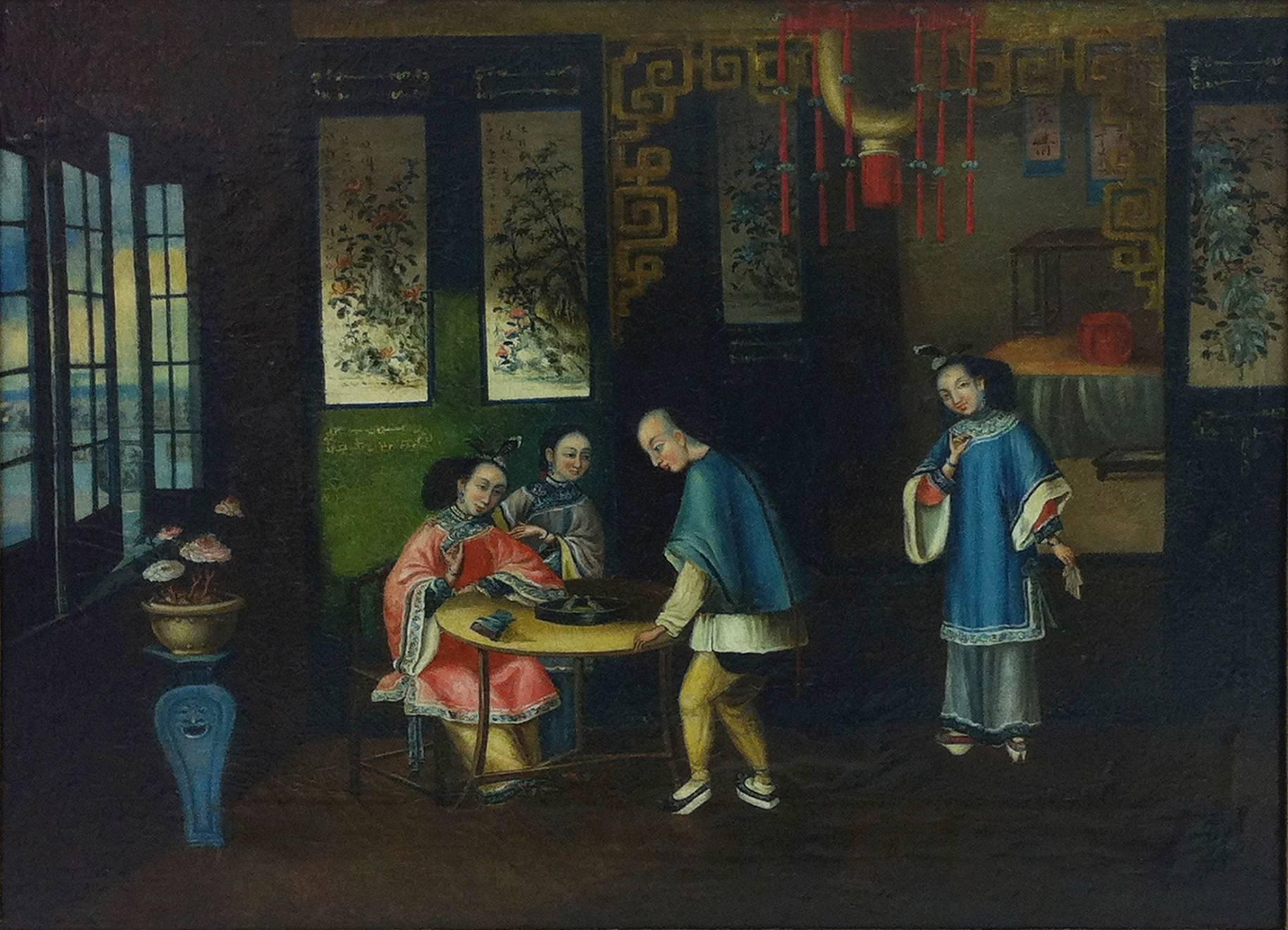 "Fight of birds" Chinese interior scene, 19th century.
Oil on canvas, mounted on panel.

 
