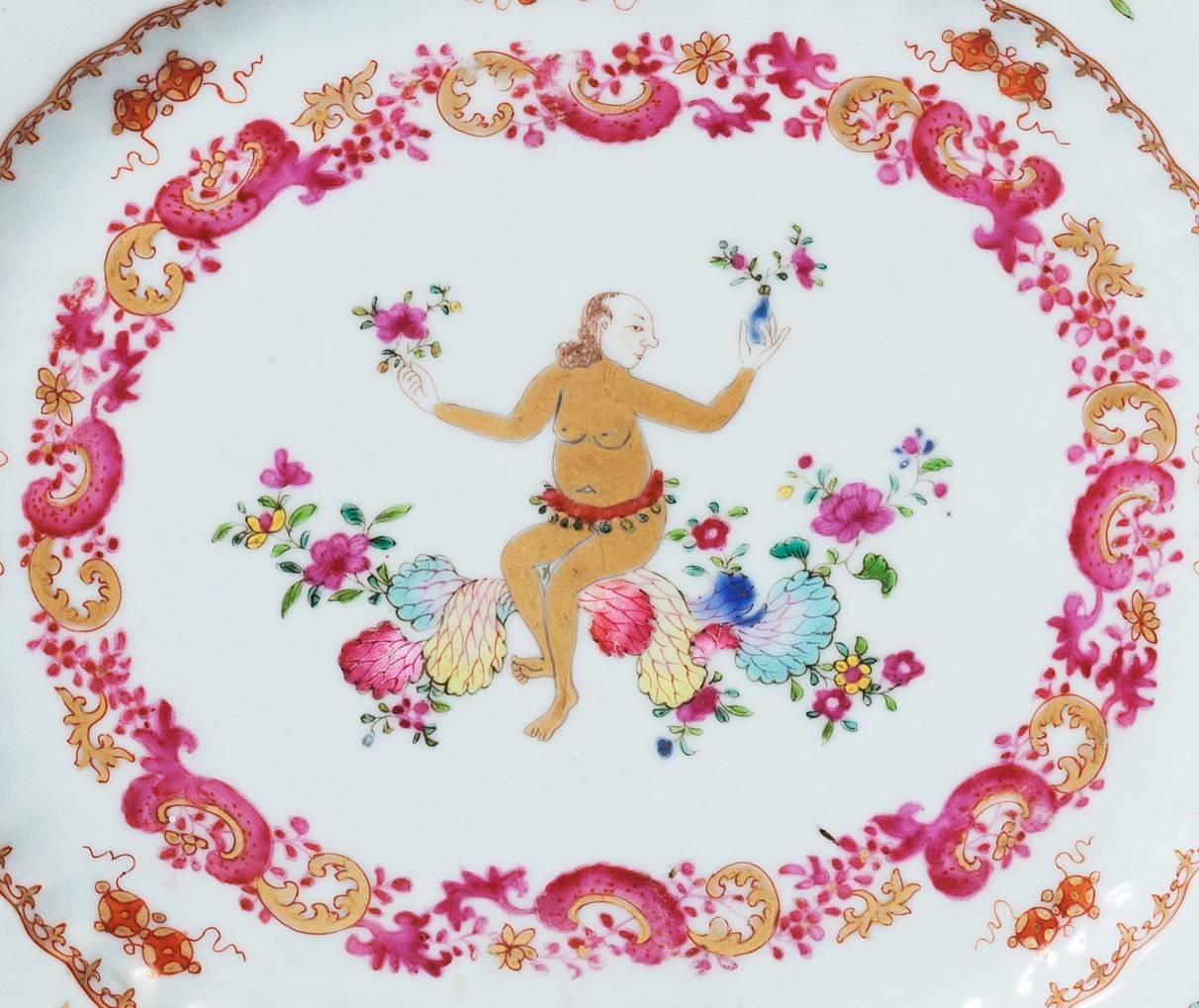 Chinese porcelain dish of ''Compagnie des Indes''
with gilded nude female figure.
Published in ''La porcelaine des Compagnie des Indes a decor occidental.''
Page 135,
18th century.